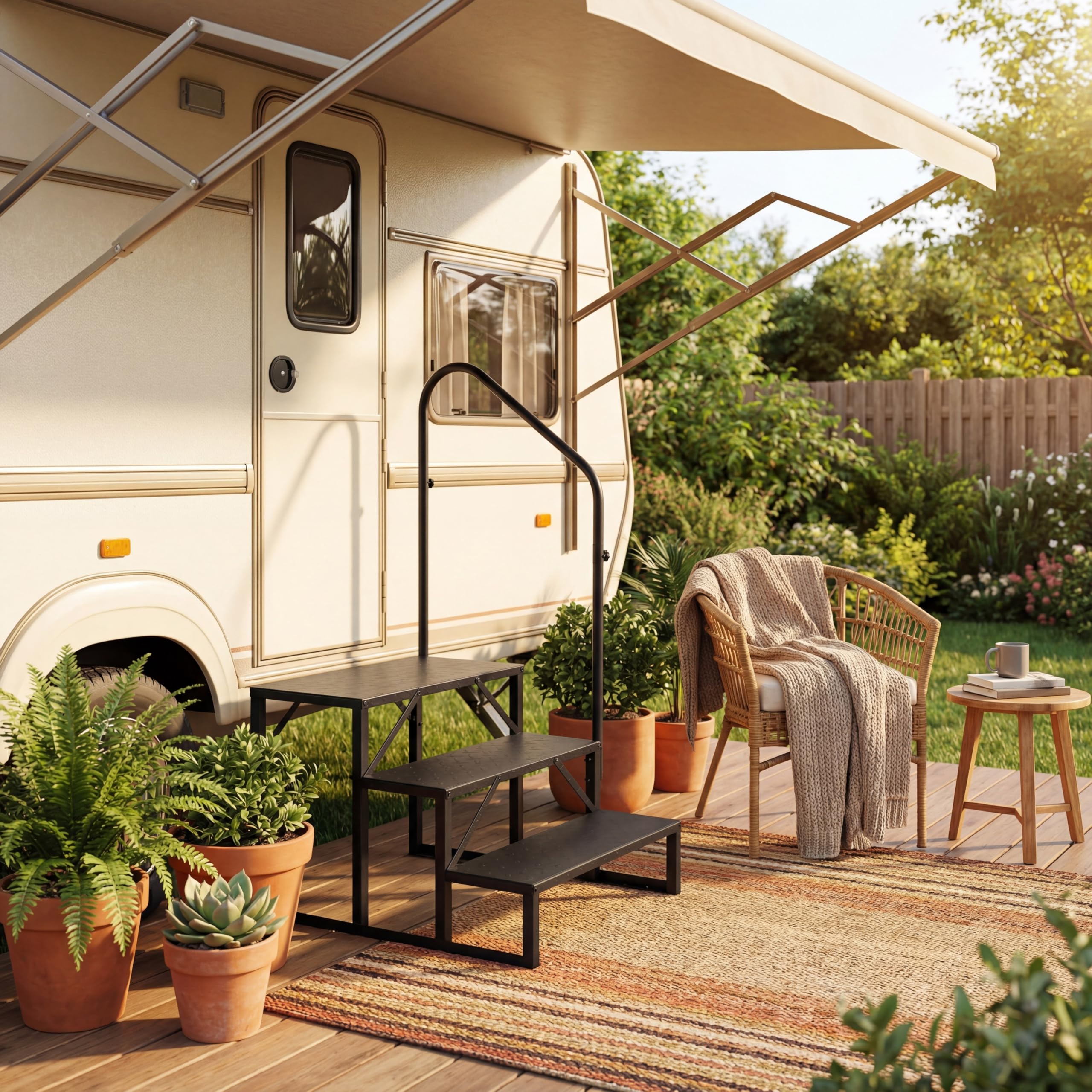 GYMAX Escalera de 3 Peldaños para Autocaravanas – Portátil de Metal, 300 kg de Capacidad. con pasamanos y Plataforma Ancha Antideslizante. Ideal para jacuzzis y Piscinas. Medidas: 79 x 68 x 129 cm