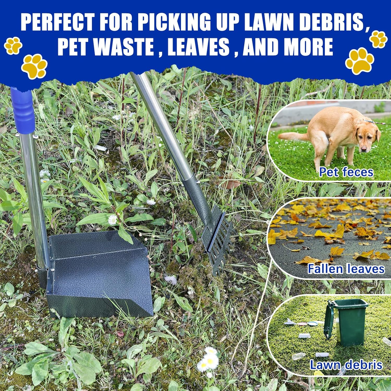 Pooper Scooper Metal Scooper Tray and Rake Set with 3 Stainless Steel Long Handle Removable Dog Pooper Scooper Multifunctional Poop Scoop Set for Pet Waste Removal on Grass and Gravel