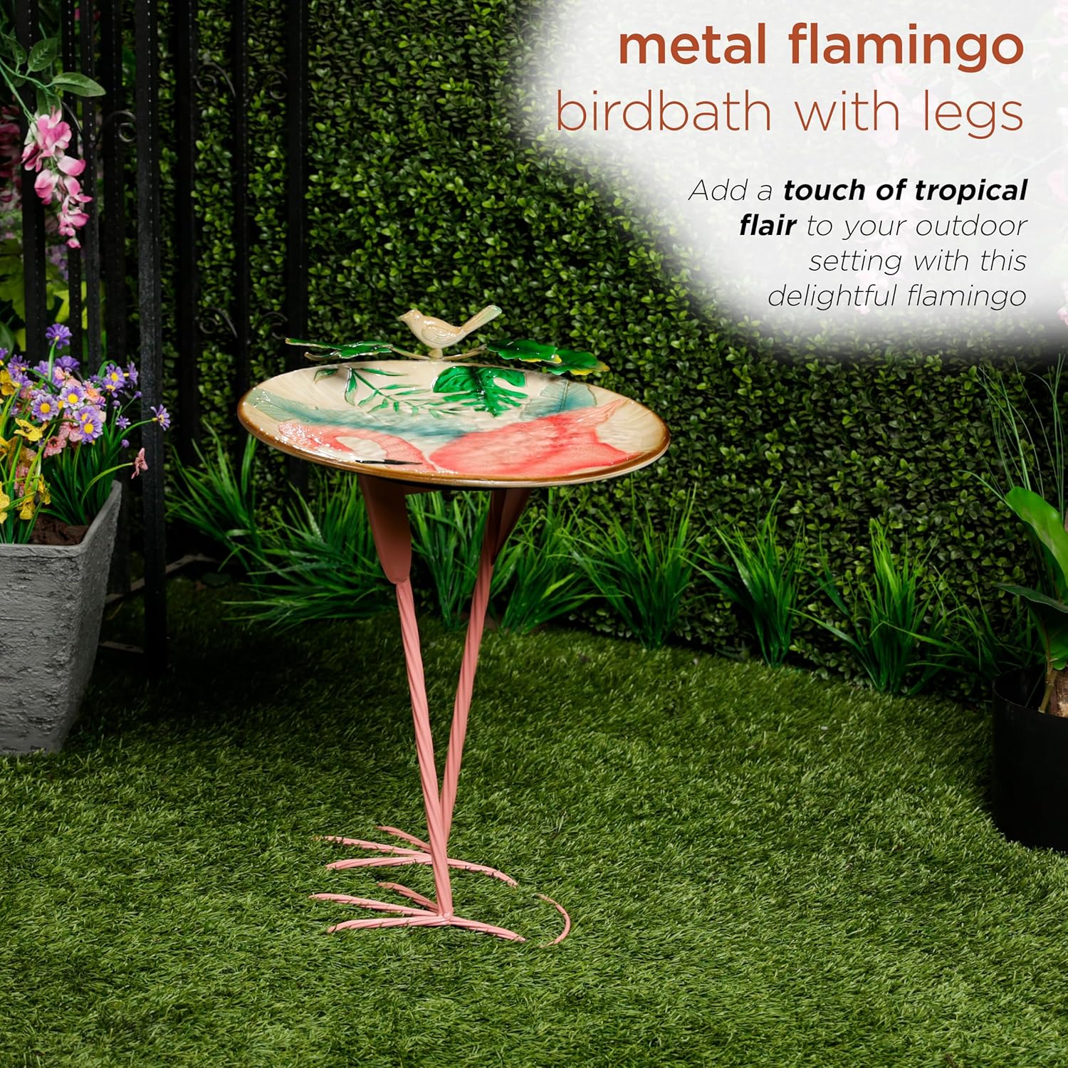 Alpine Corporation ORS876 Outdoor Metal Birdbath w/ Stylish Stand, Flamingo Pattern Birdbath Bowl and Stand, 23"H, Pink/Blue