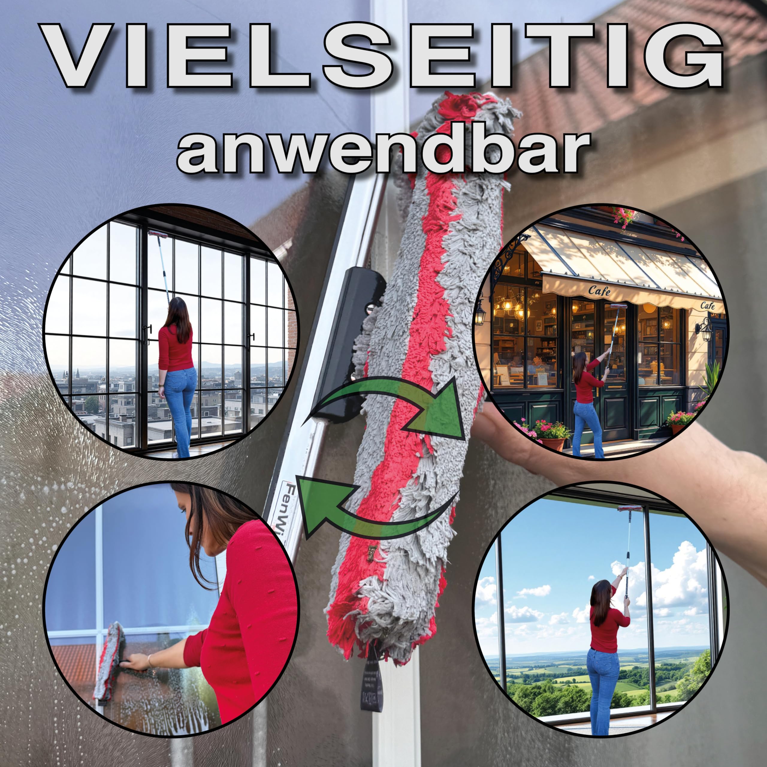 FenWi 1,25m Profi Komplett Set zur Glasreinigung mit 25/30cm Kombi Fensterabzieher Mikrofaser Einwascher Teleskopstange Rechteckeimer I Zubehör zur Fensterreinigung mit Wischeimer zum Fensterputzen