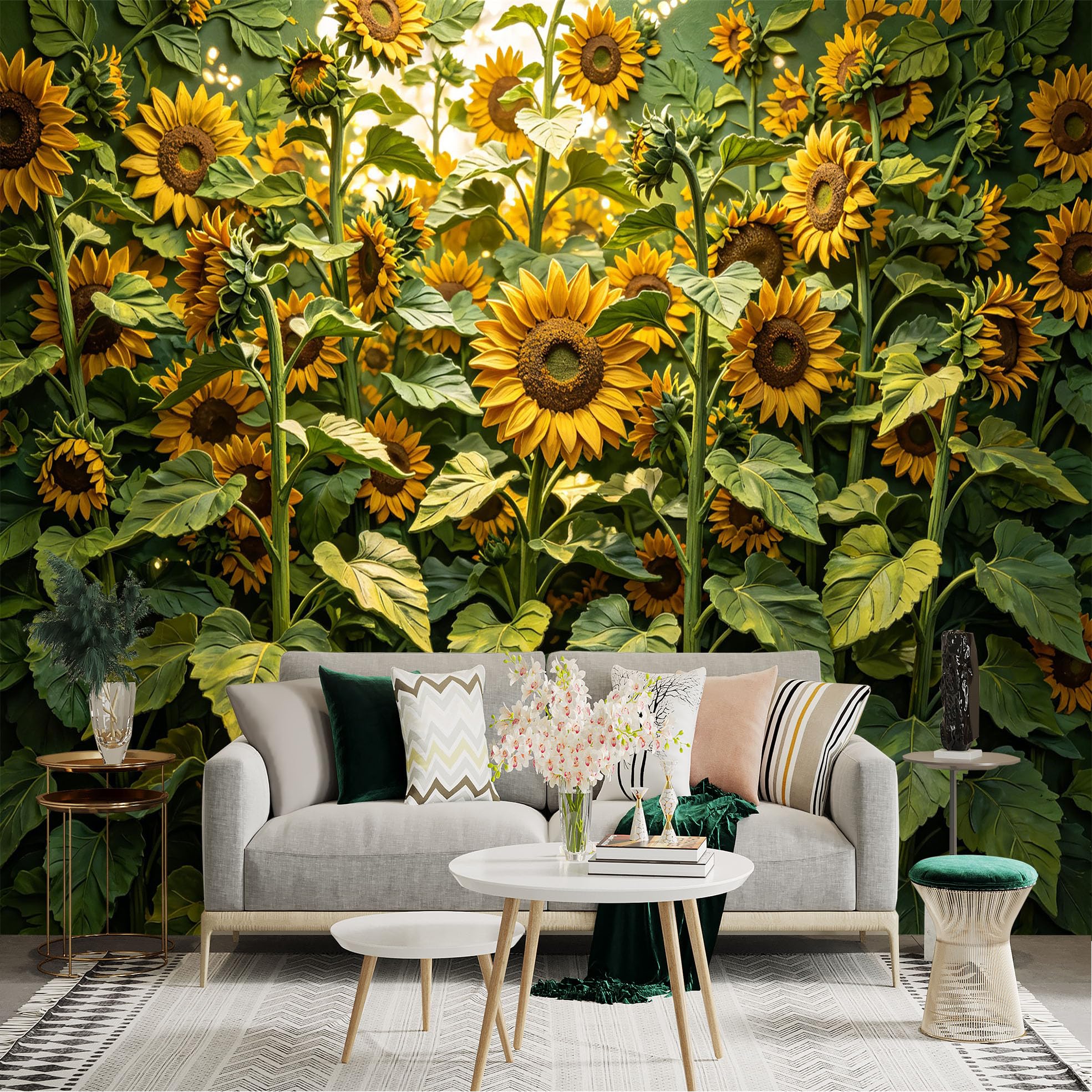 Lnzczhyre Dbh260521842 Custom Size Wall Sticker Mural， Vibrant Sunflower Field， Summer Floral Meadow， Golden Petals And Green Leaves， Nature Botanical Decor， For Wall Decoration， Peelandstick Wall Decals.