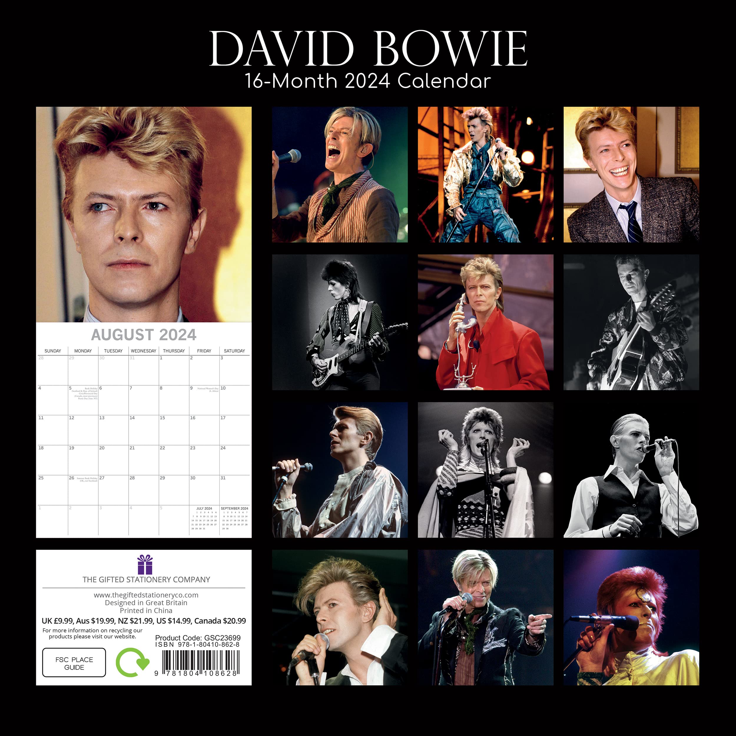 Amazon.com: 2024 Square Wall Calendar - David Bowie 12 x 12 Inch Monthly  View, 16-Month, Art Theme, Includes 180 Reminder Stickers : Office Products
