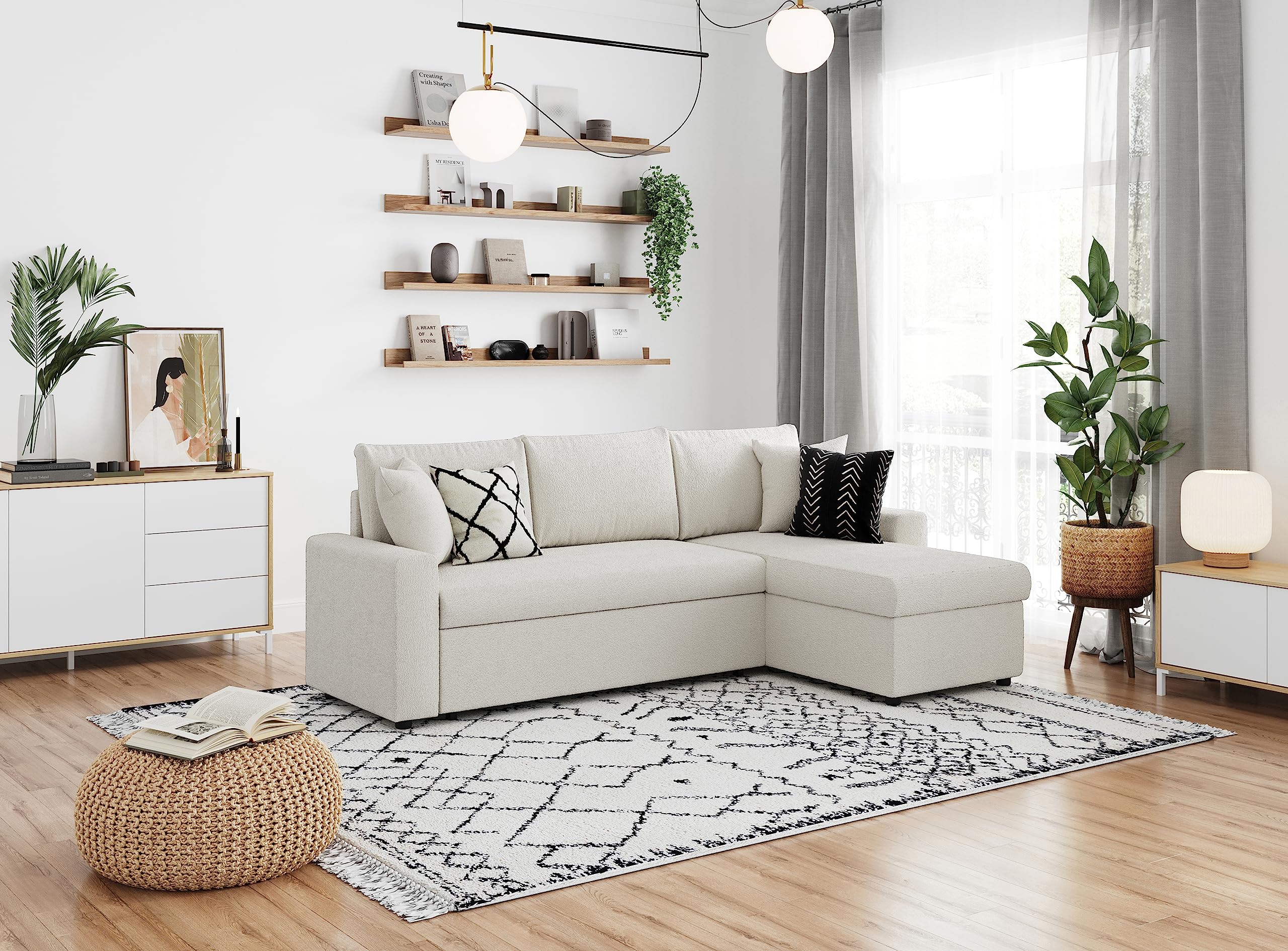 LOUNGITUDE - Canapé d'angle réversible Convertible en Tissu bouclettes avec Coffre - 3 Places