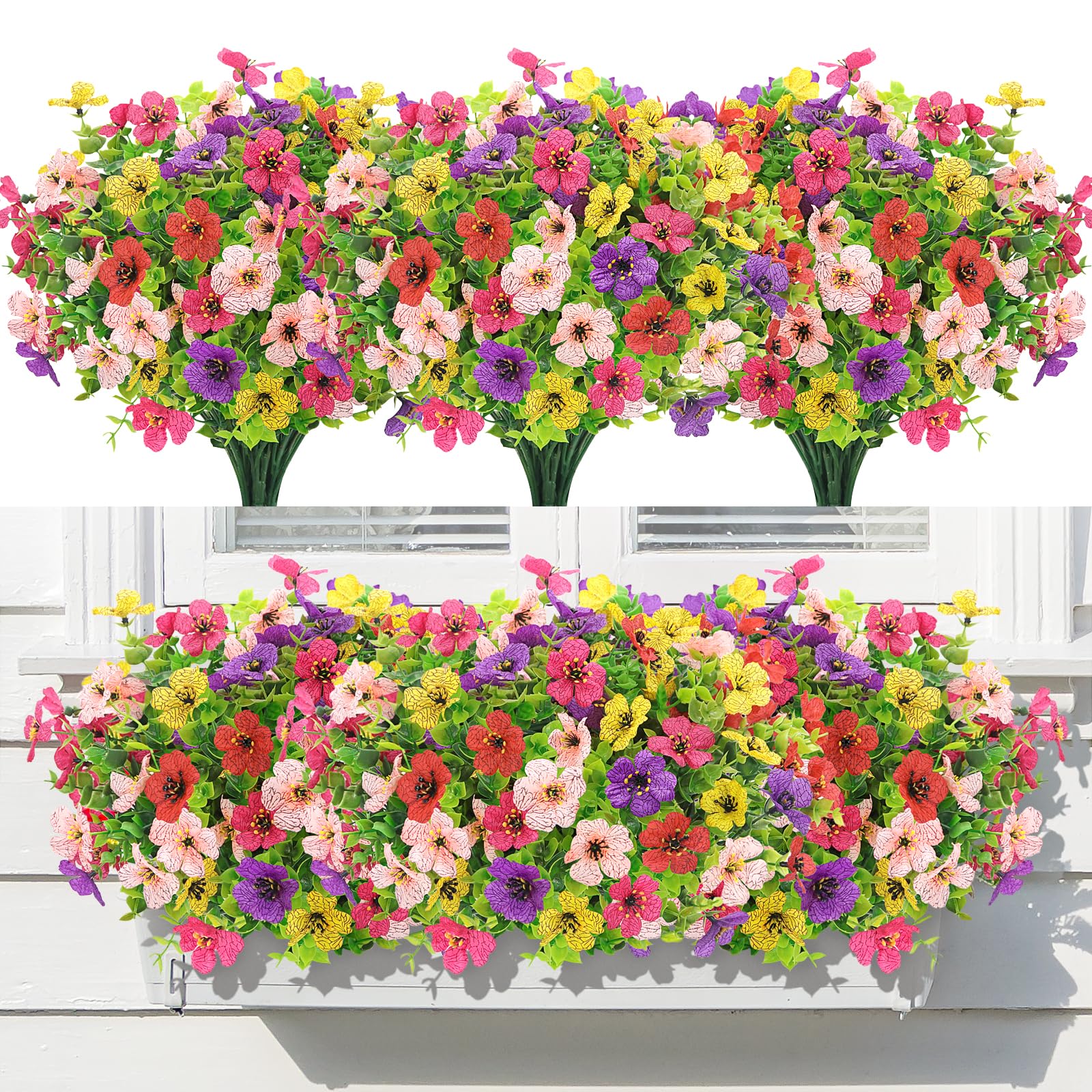 Yueshop 8 Bundles Artificial Flowers, UV Resistant Fake Outdoor Plants Flowers, Realistic Faux Plastic Spring Flower Bulk Outside Indoor for Home Garden Porch Farmhouse Window Box Decor