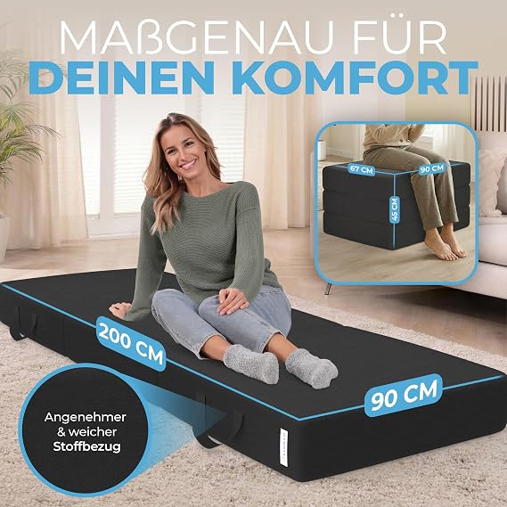 maxVitalis Folding Mattress Guest Mattress 3-Piece Folding Mattress Extra Thick Foam (15 cm) Washable Intervertebral Disc Cube Foldable Mattress for Adults (Black 90 x 200 x 15 cm)