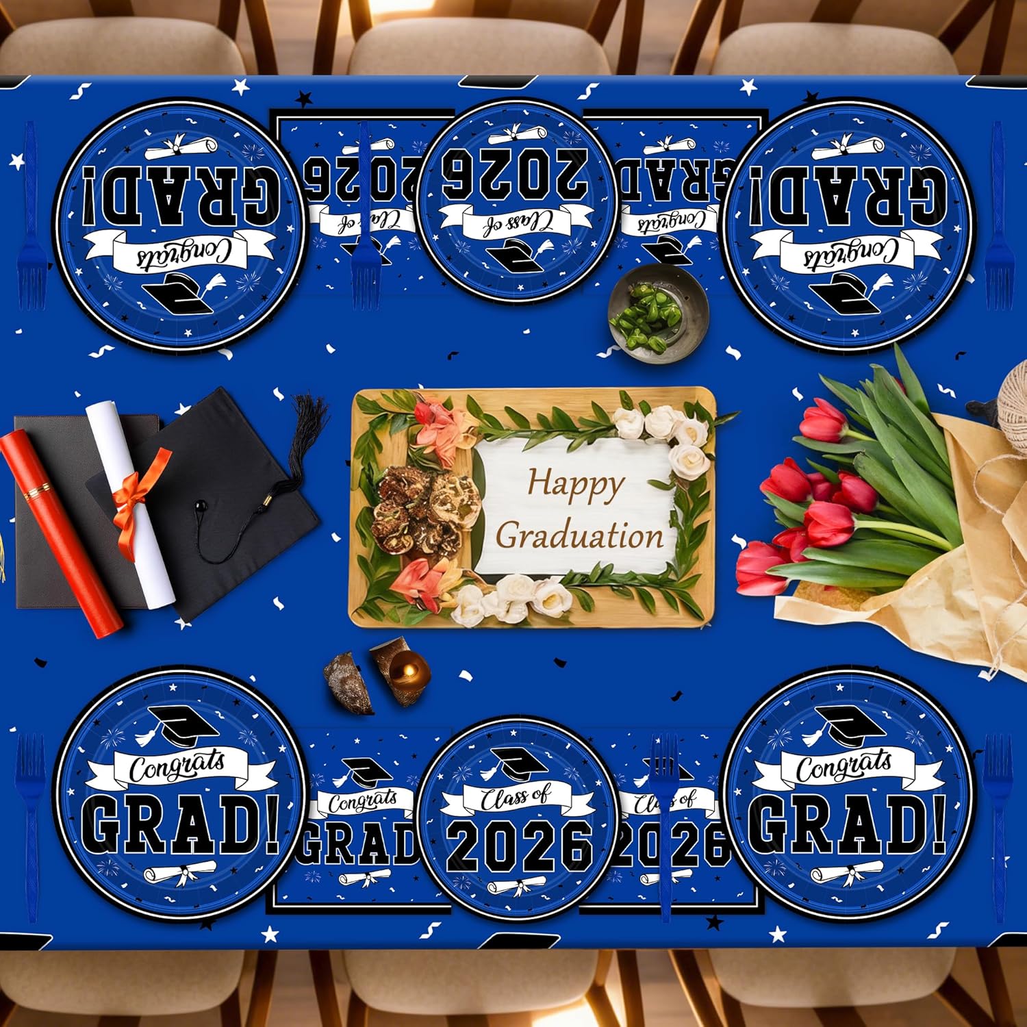 122 Pcs Graduation Decorations 2026 Set Serves 30, Graduation Plates and Napkins, Disposable Class of 2026 Grad Decorations, Blue Congrats Grad Paper Dinnerware Table Decor for Party
