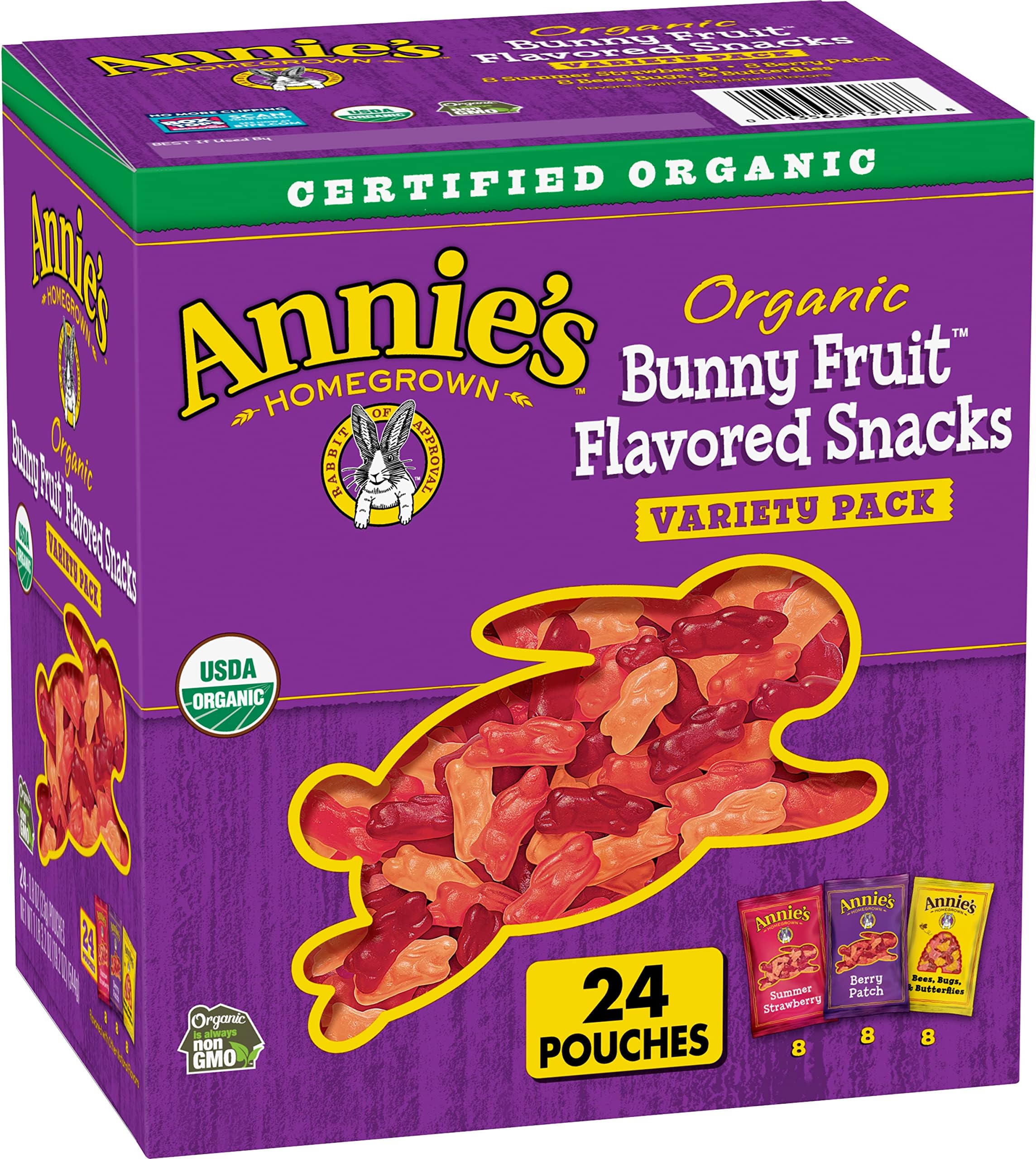Annie's Organic Bunny Fruit Snacks, Gluten Free, Variety Pack, 24 Pouches