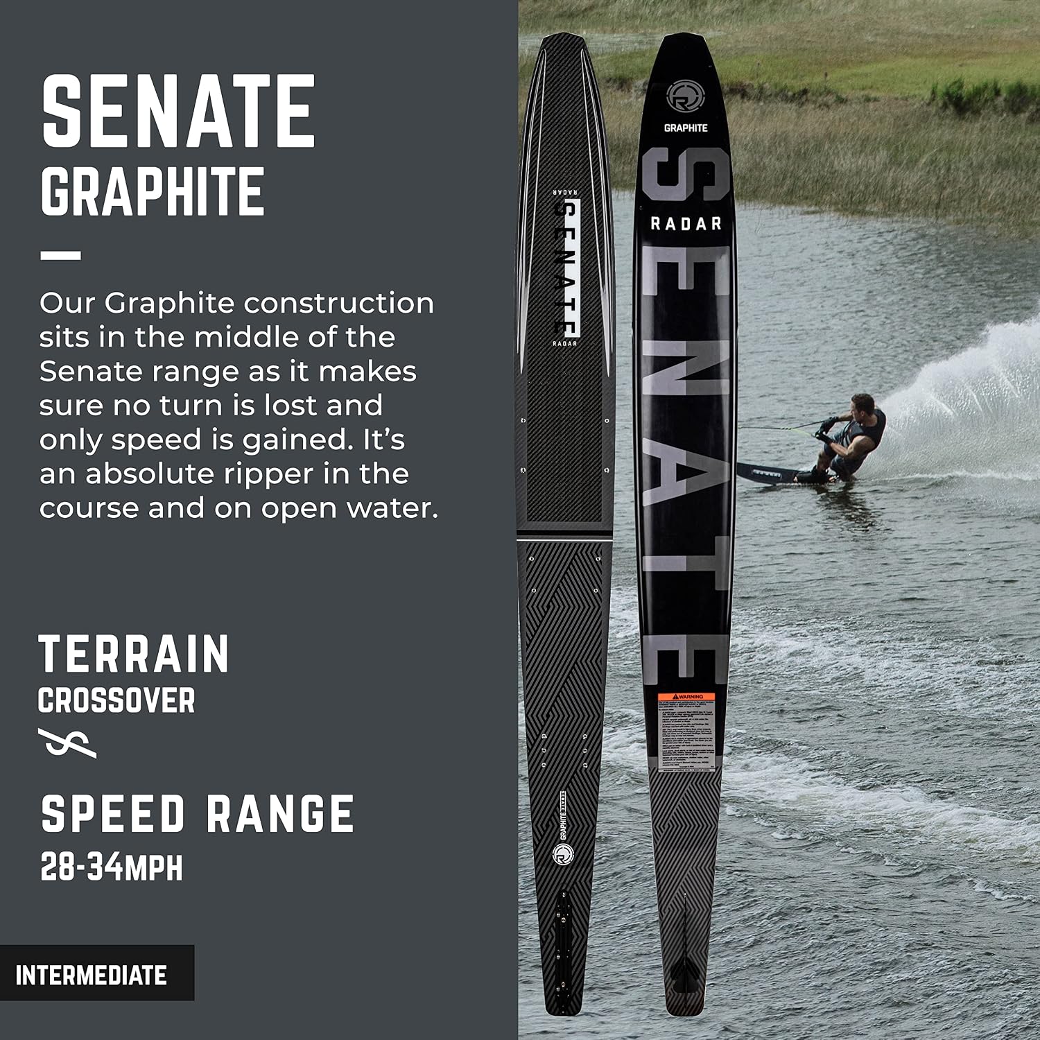 Radar Senate Graphite Waterski, Carbon/Gun Metal, 67"