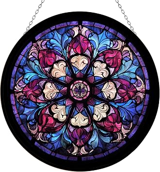 Customized Gothic Rose Window Suncatchers for Windows,6.3 Stained Glass Window Hangings,Hand-Painted Glass Panel Perfect for Home Decor