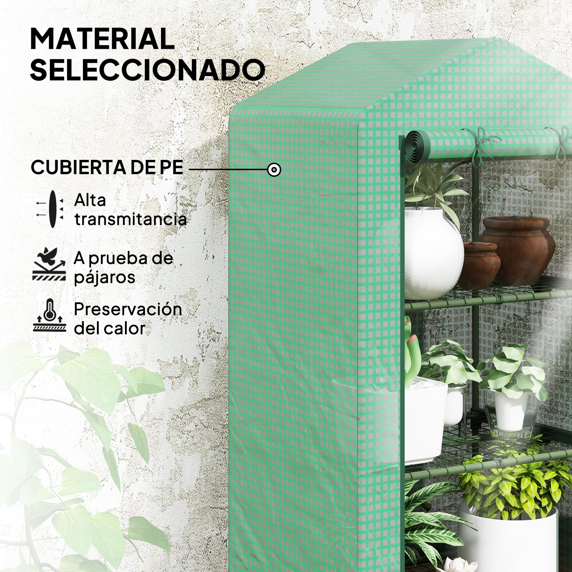 Outsunny Invernadero de Jardín de 3 Niveles, Invernadero de Exterior con 3 Estantes, Puerta Enrollable, Marco de Metal, Cubierta de PE, Anti-UV, Impermeable, para Terraza, Patio, 69x49x125 cm, Verde