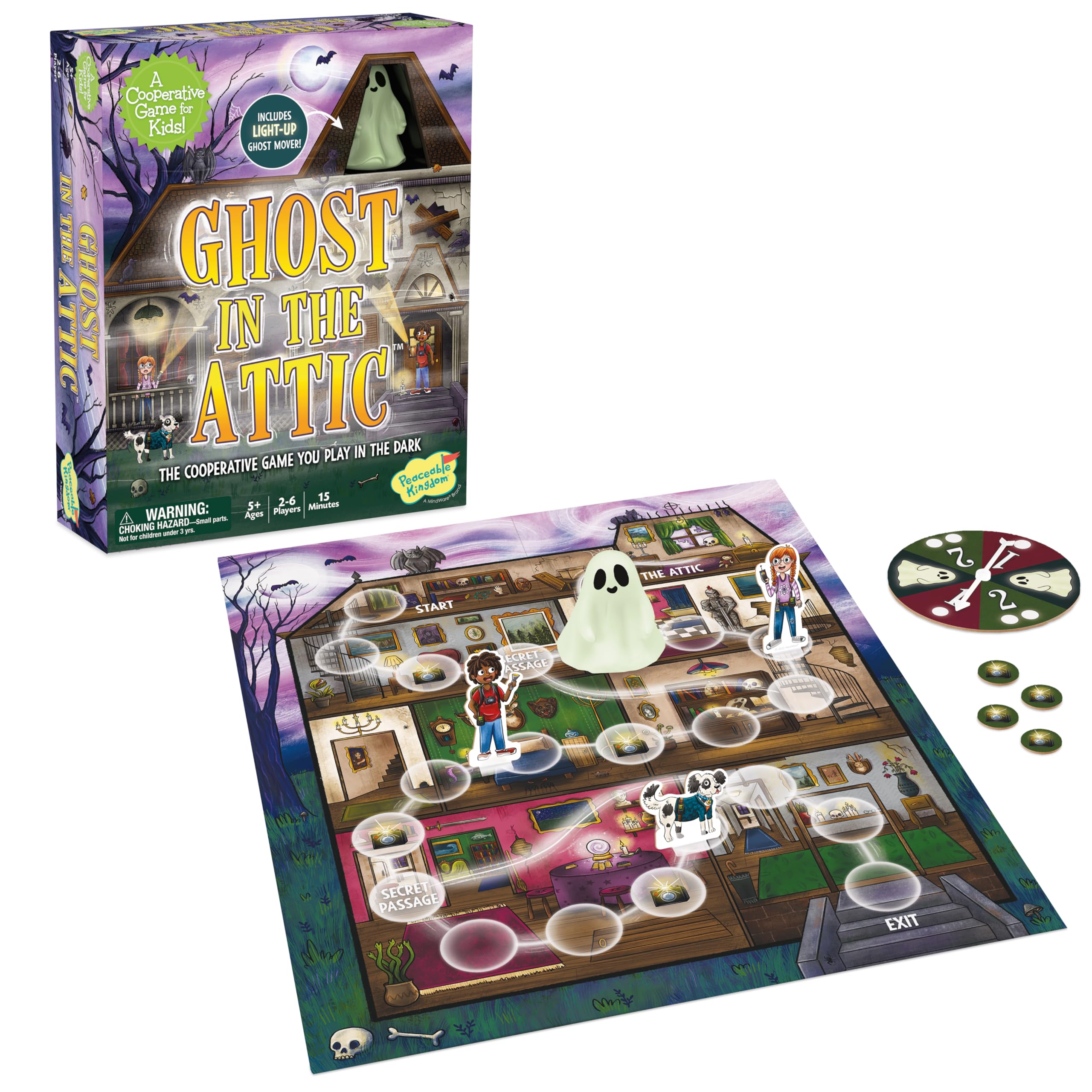 Peaceable Kingdom Ghost in The Attic - Cooperative Board Game for Family Game Night – Unique Glow-in-The-Dark Board Game - Great for Kids Ages 5 & Up