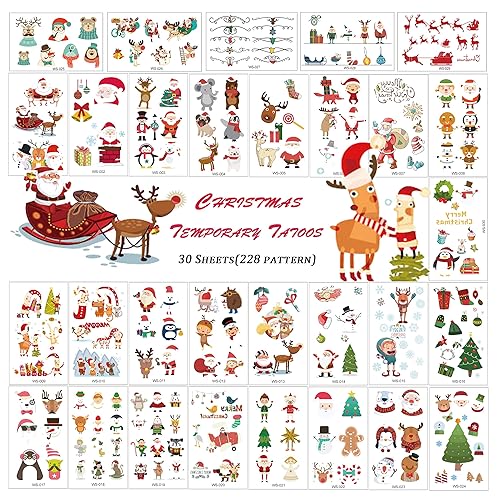 Tatuajes temporales para maquillaje de Navidad para niños, 228 tatuajes de dibujos animados (30 hojas), impermeables, tatuajes falsos para arte disponible en Yaxa Venezuela