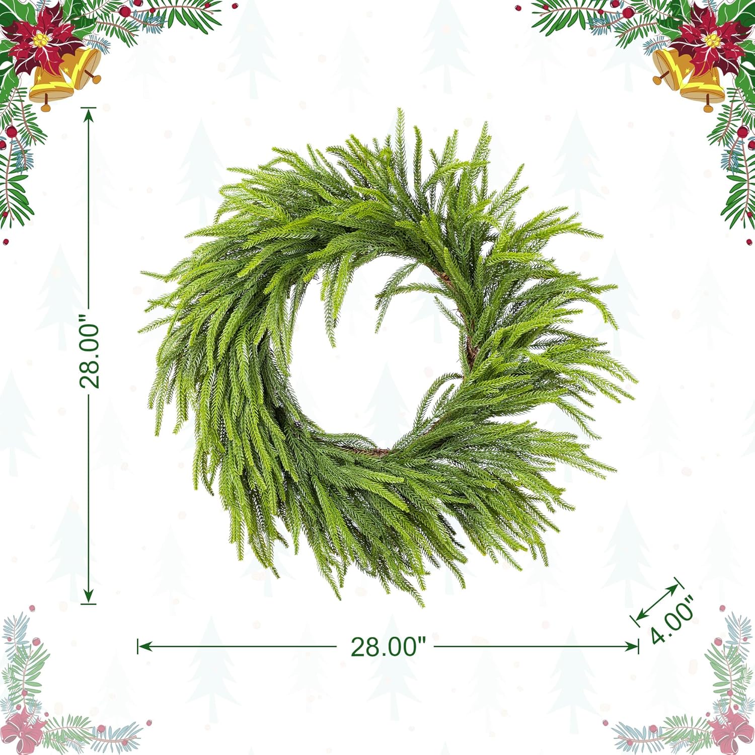 Glitzhome 28 Inch Christmas Norfolk Pine Wreath for Front Door, Real Touch Artificial Greenery Wreath for Windows, Walls, Porches Indoor and Outdoor Home Decoration