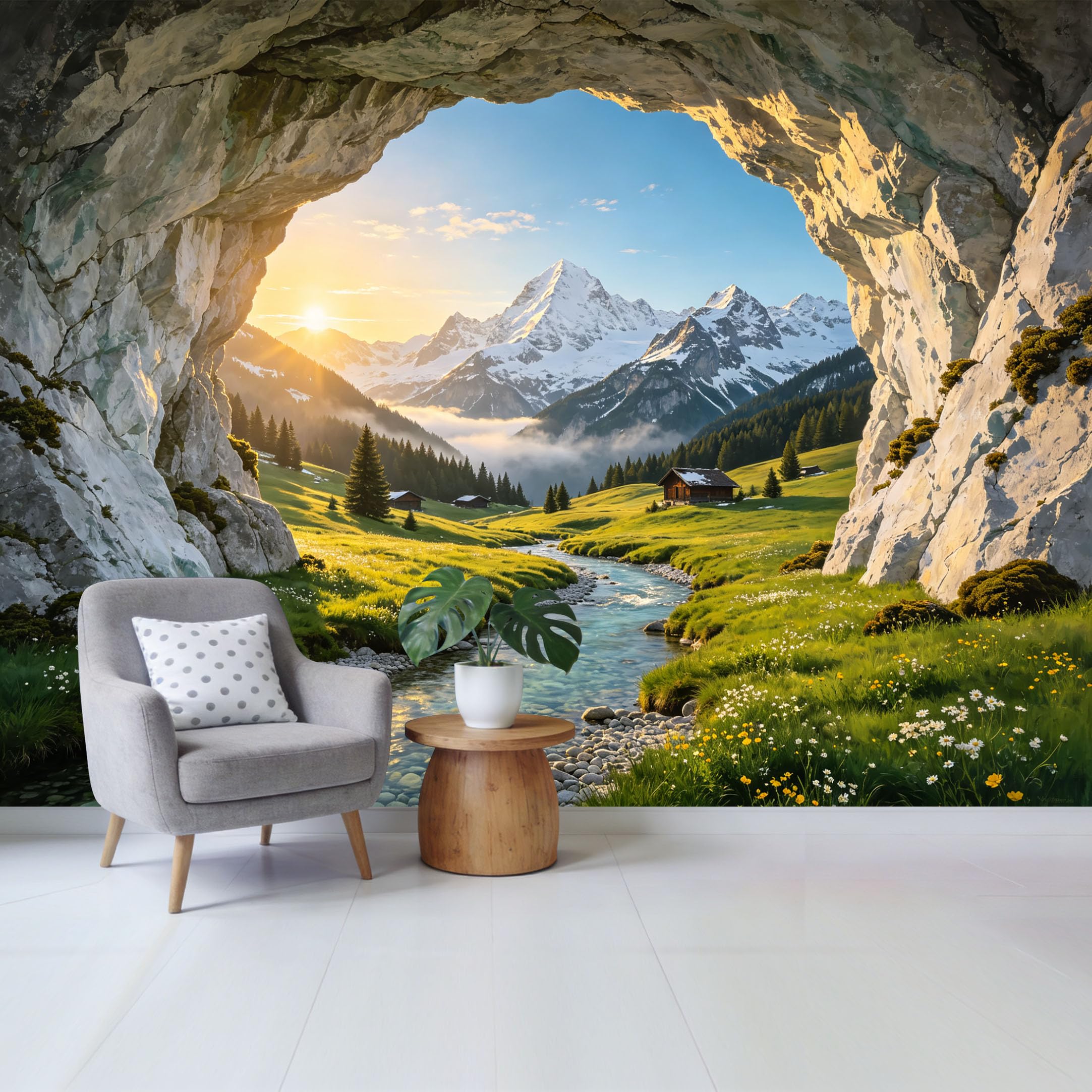 Custom Size Wall Mural Mountain Valley Sunrise Landscape with River Stream and Alpine Meadow View Removable Self Adhesive Fabric Home Wall Decor for Living Room Bedroom Bathroom