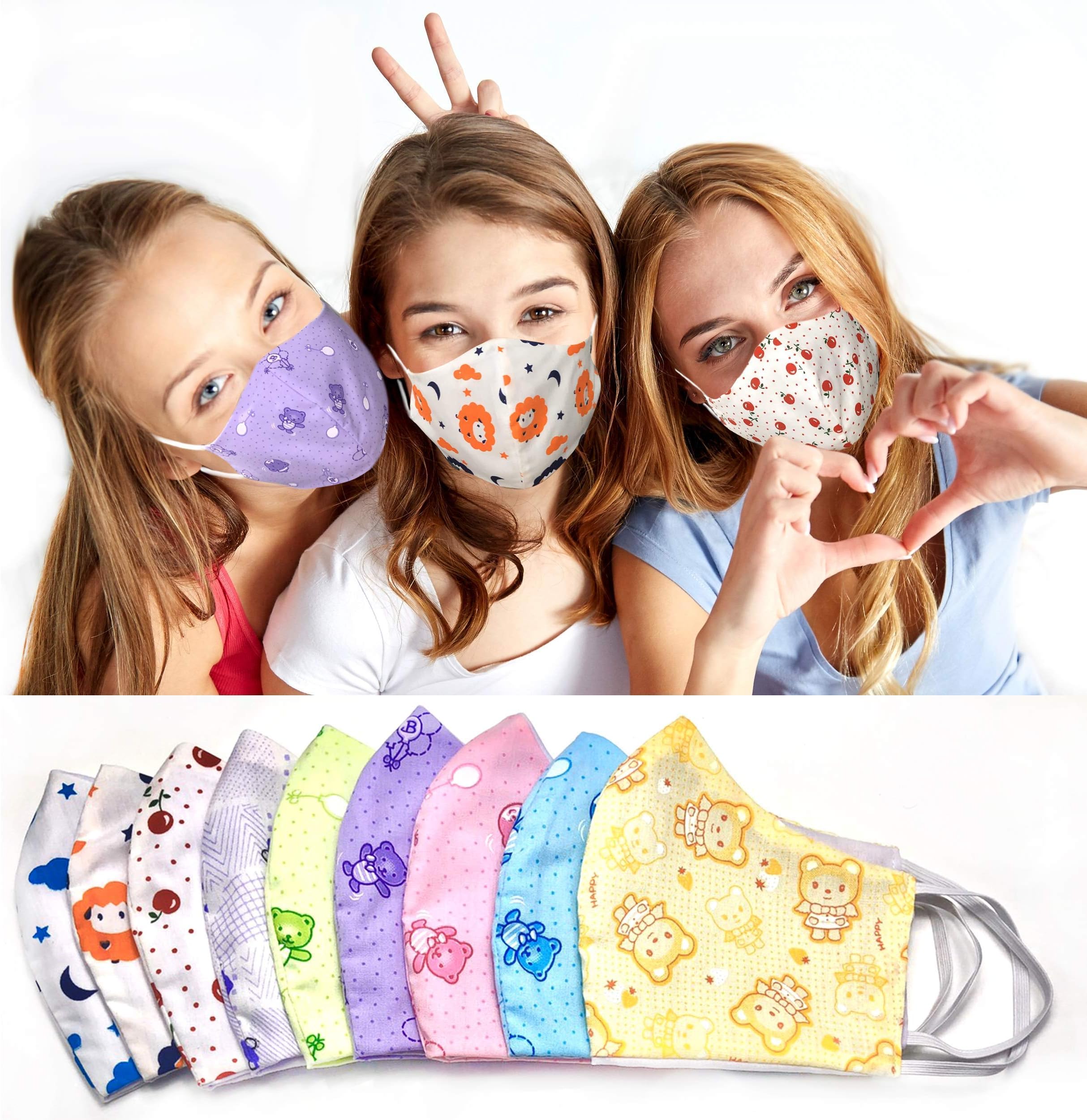 Sunne Tropical 10 Colors Pack Girls and Young Teen Handmade Reusable Washable Cute Cartoon 2 Ply Face Mask Lightweight Fabric cheap Masks