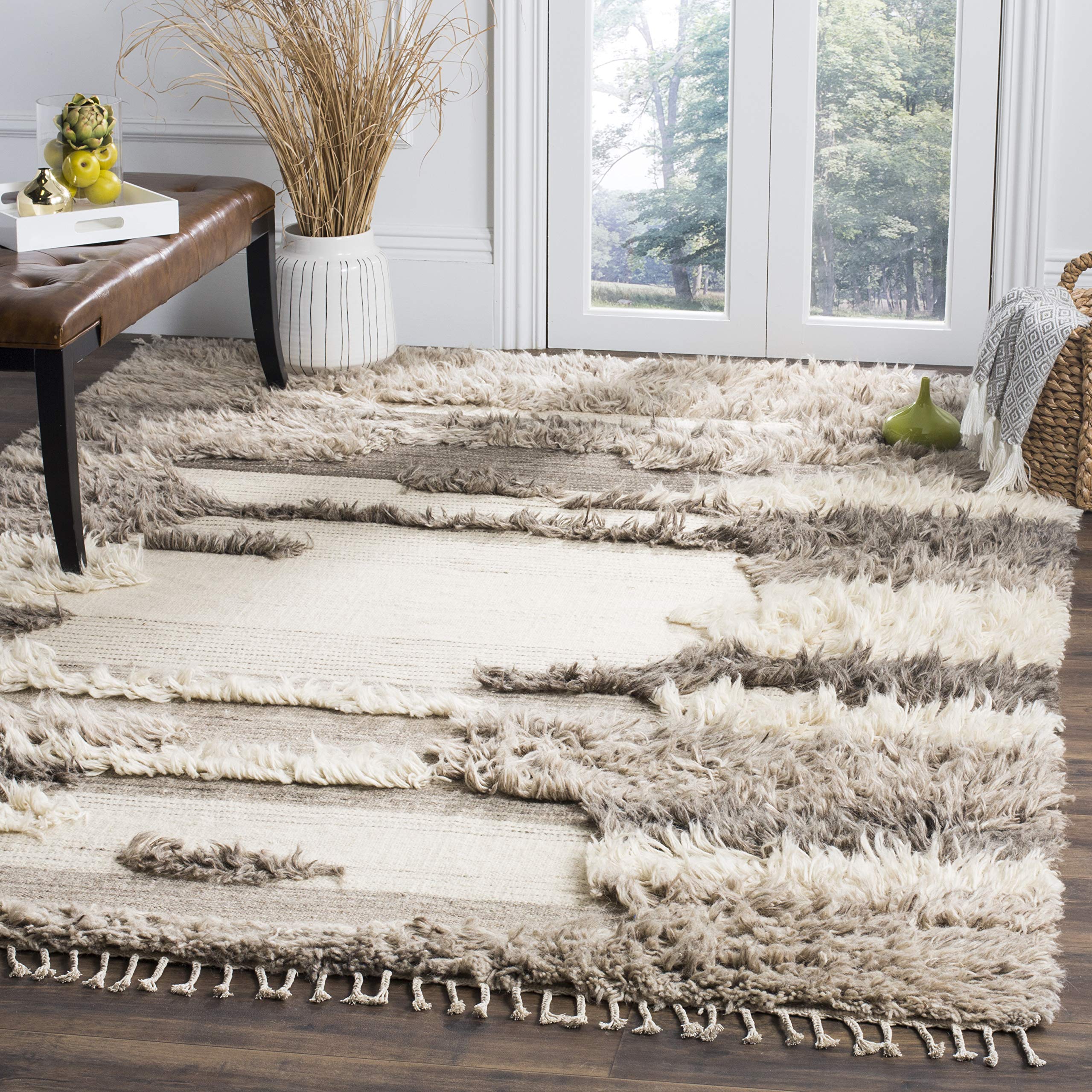 SAFAVIEH Area Rug 8x10 - Kenya Collection - Large - Ivory & Grey, Hand-Knotted Wool, Tassel Design, Ideal for Living Room, Bedroom, Dining Space (