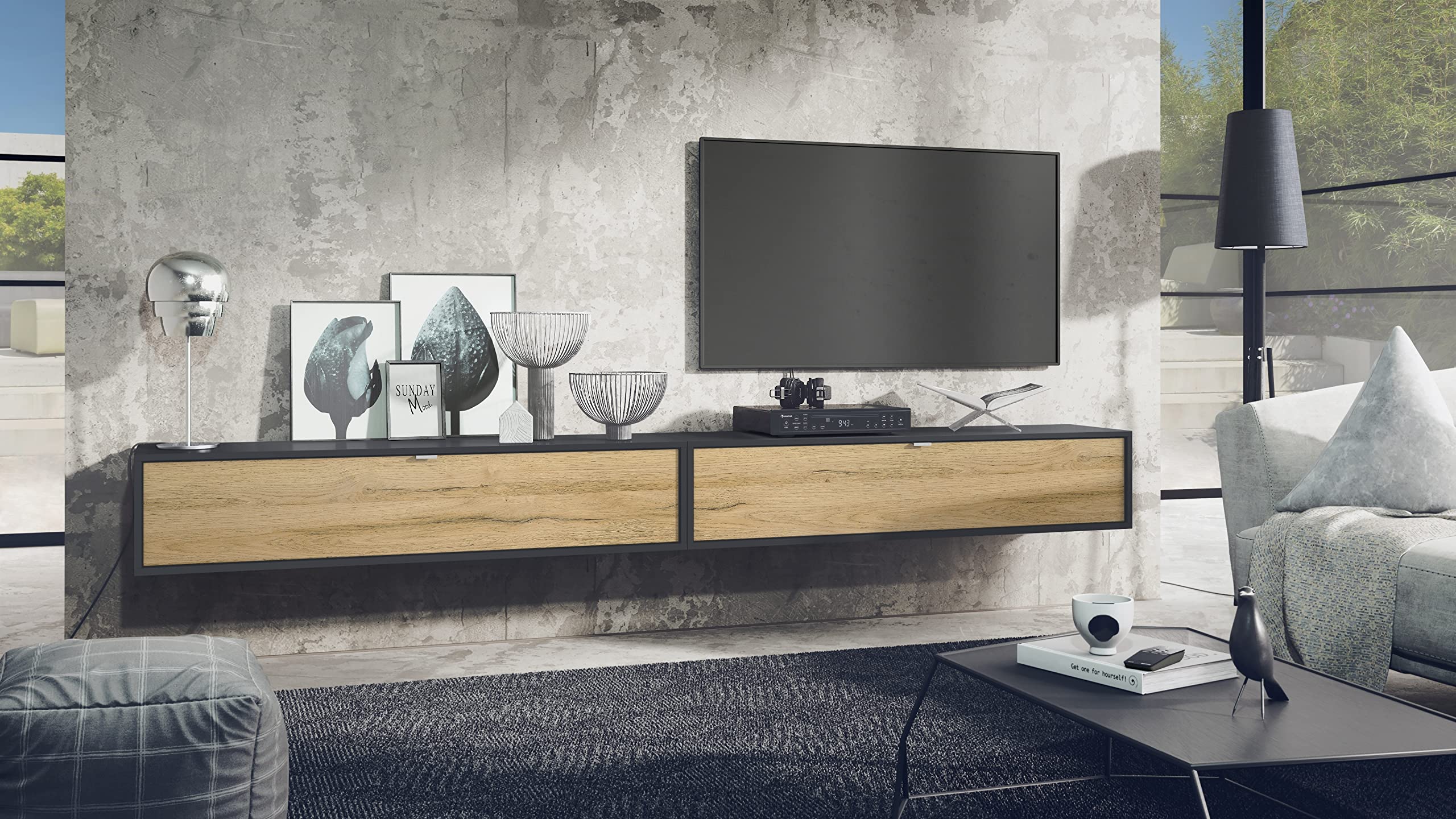 TV Stante per Murale Vladon Lana 140 Pollici Matt Black Mattone Oak - Dettaglio
