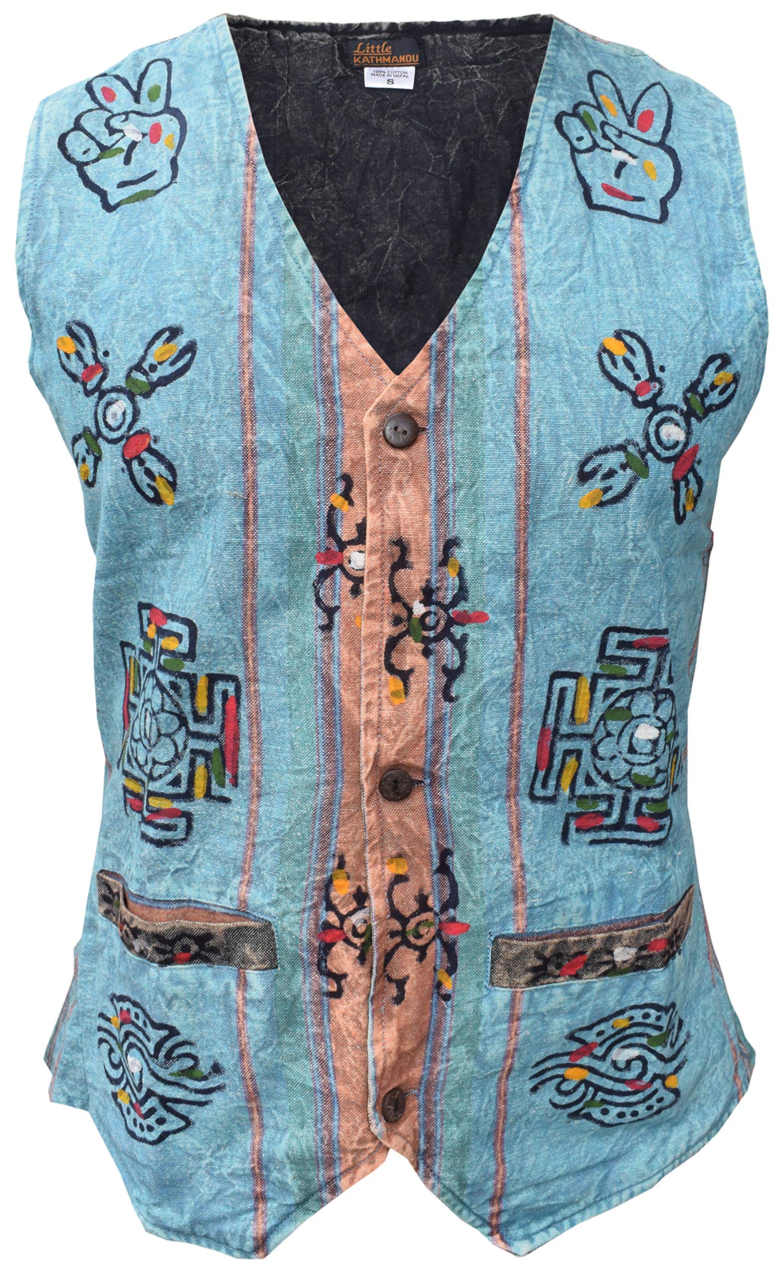 Gheri Men's Blue Hippy Striped Peace Symbols Boho Turquoise Stonewashed Waistcoat Small
