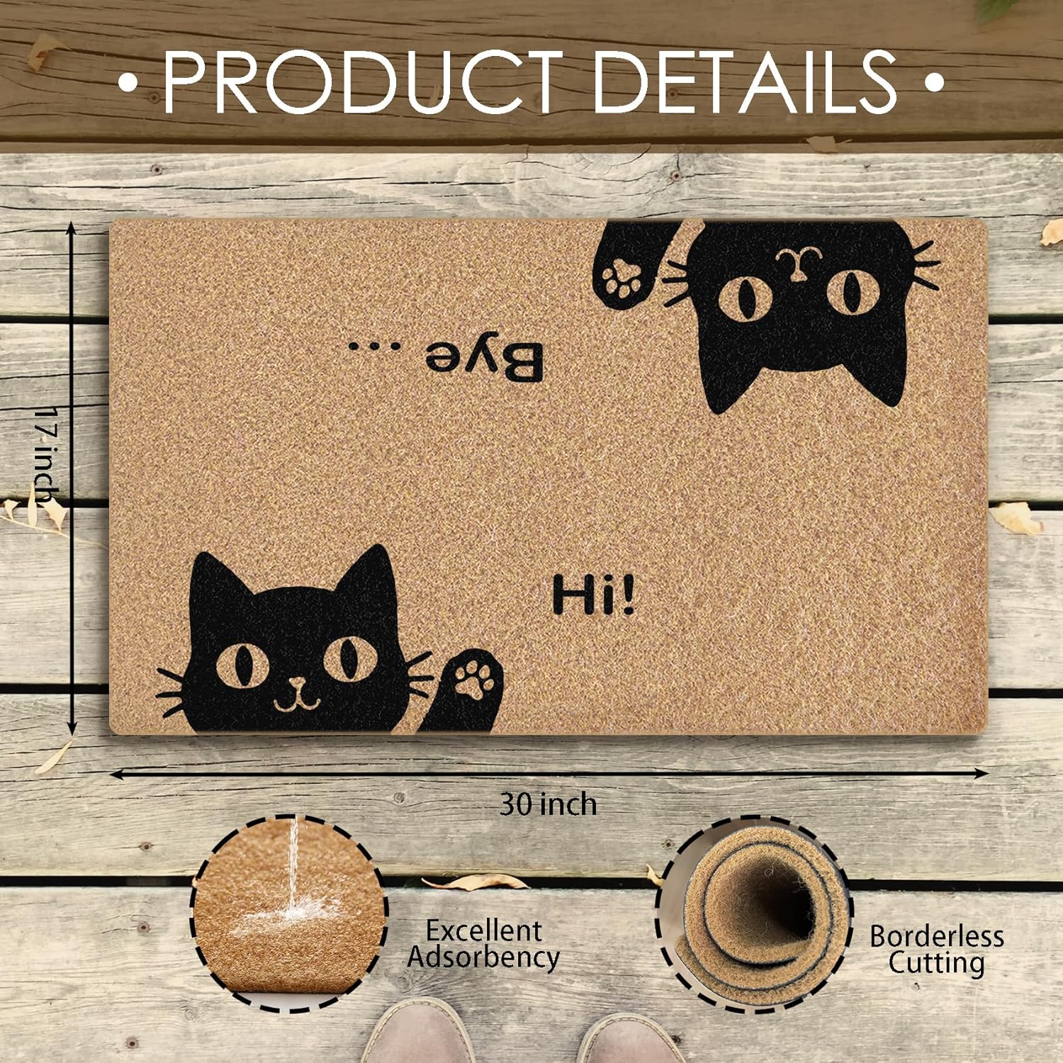 Cat Welcome Mat, Hi-Bye Cat Coco Coir Doormat Door Welcome Mat for Home Entrance Front Door, Cute Black Cats Floor Mats for Outdoor Outside Entryway 30x17 Inch