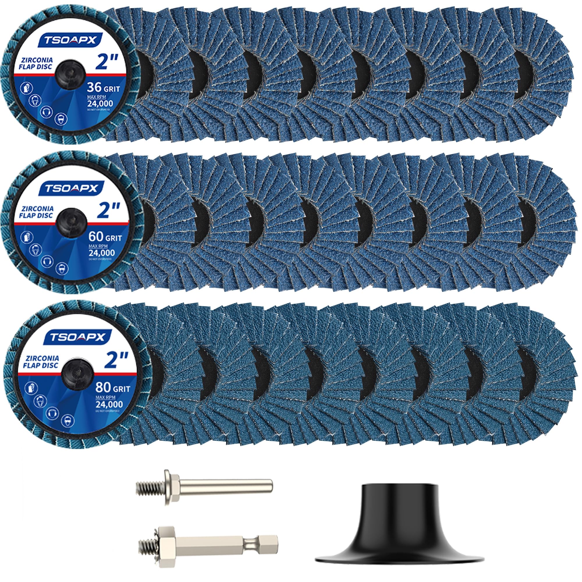 TSOAPX 28 PCS Flap Disc Set, 2" Zirconia Blue Flat Flap Discs Roll Lock Grinding Sanding Sandpaper Wheels with 1/4" Shank Holder Grit 36/60/80,