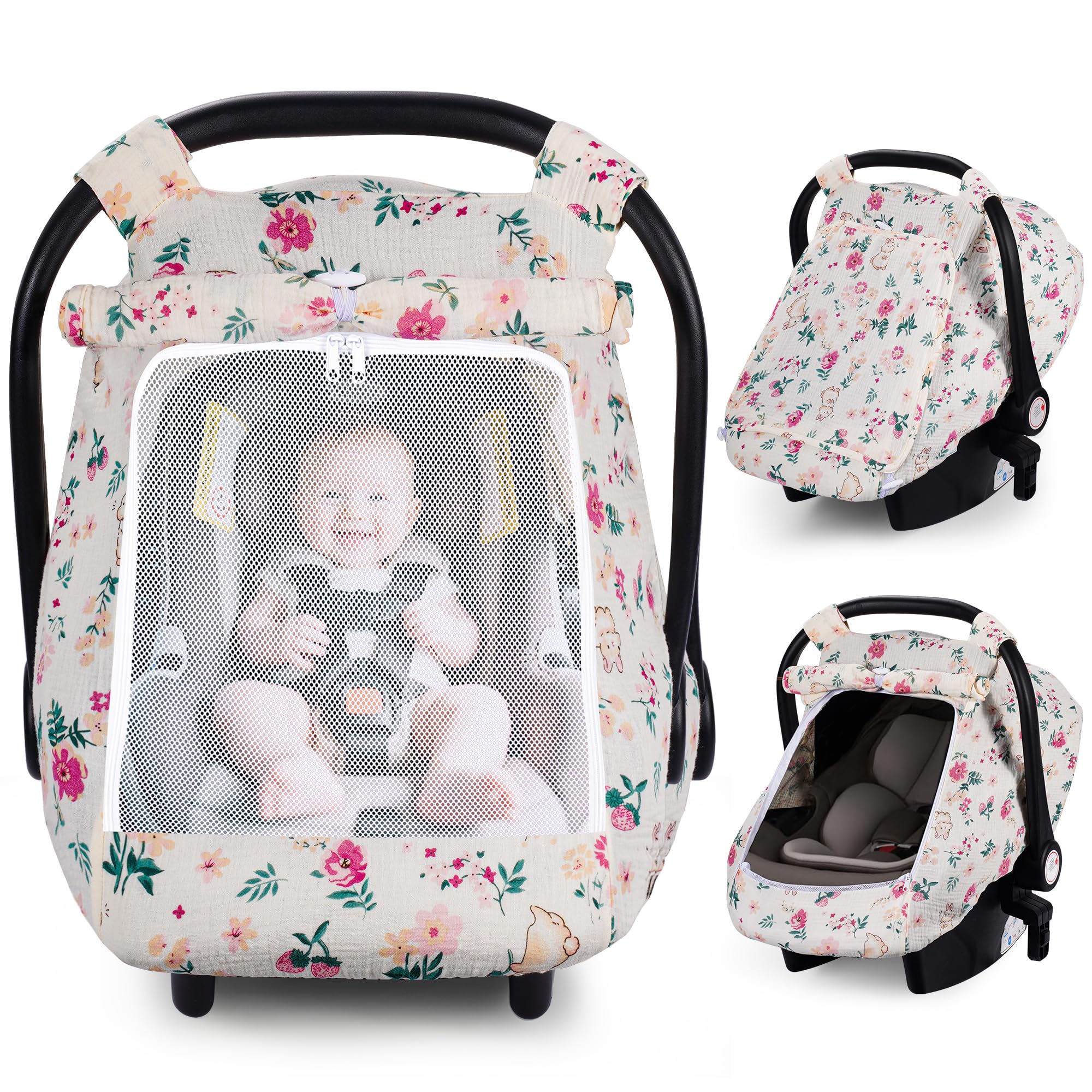Rquite Car Seat Cover Baby, Carseat Covers Girl Boy, Breathable Muslin Cotton, Large Mesh Window, Infant Car Seat Canopy Baby Carrier Cover Stroller