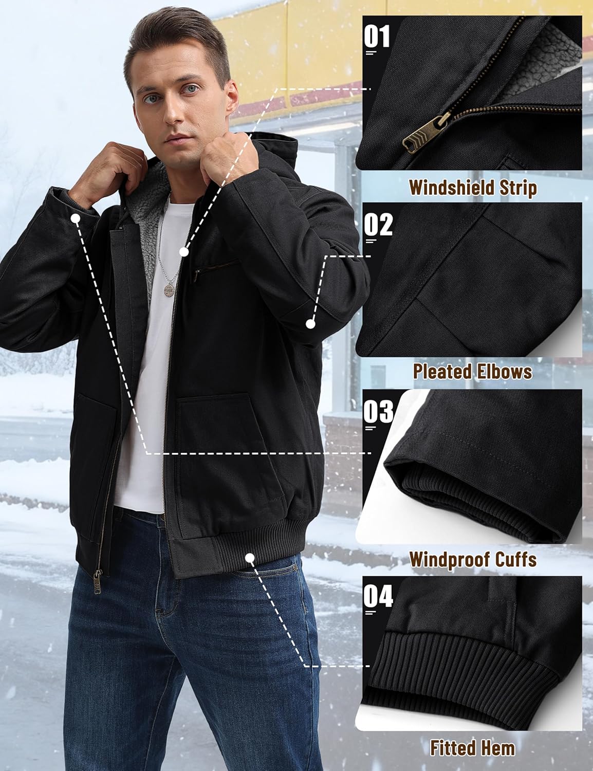 TACVASEN Men's Work Utility Jackets Duck Canvas Waterproof Jackets Heavy Duty Coats Winter Sherpa Fleece Lined Hoodies - Image 5