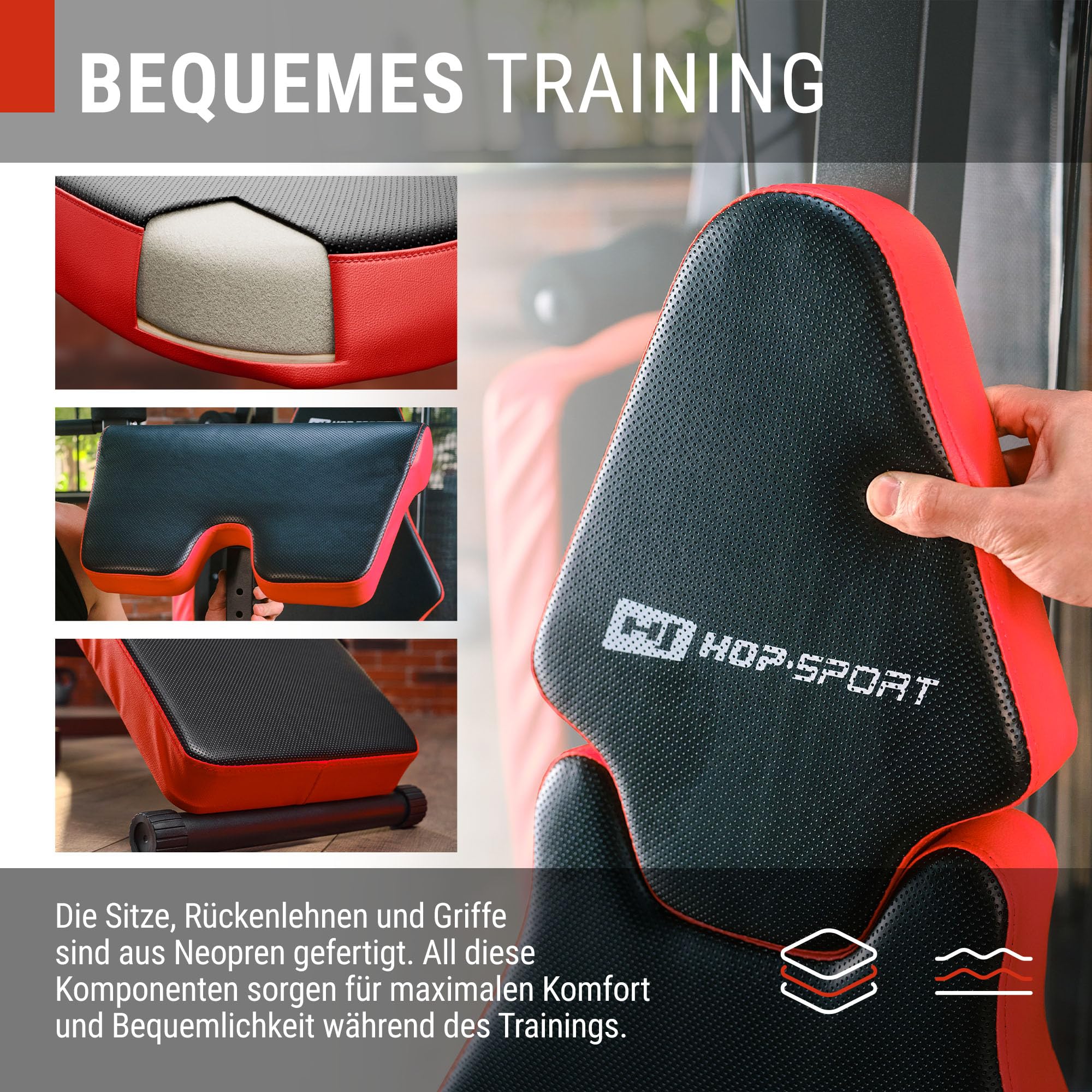 Hop-Sport Kraftstation für Zuhause, Fitnessstation Home Gym mit 72 kg Gewichtsblock, Latzug & Kabelzug, Butterfly, Dip-Station, Curlpult, klappbare Schrägbank, Boxsack inkl. Handschuhe
