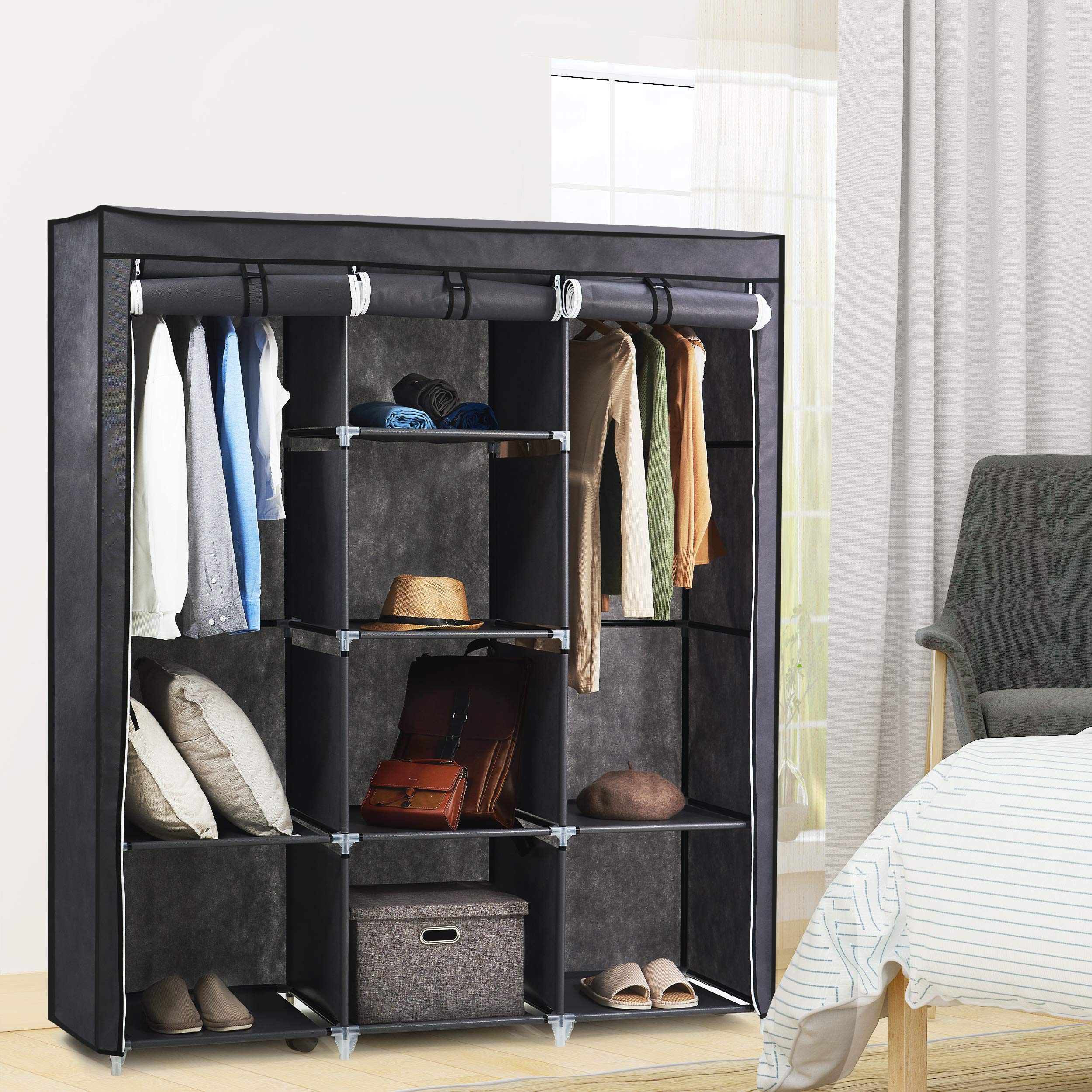 Hododou Tragbarer Kleiderschrank, groß, Segeltuch, 175 x 150 x 45 cm, Grau | Kleideraufbewahrungs-Organizer mit 2 Kleiderstangen, faltbarer Schrank für Wohnzimmer, Schlafzimmer