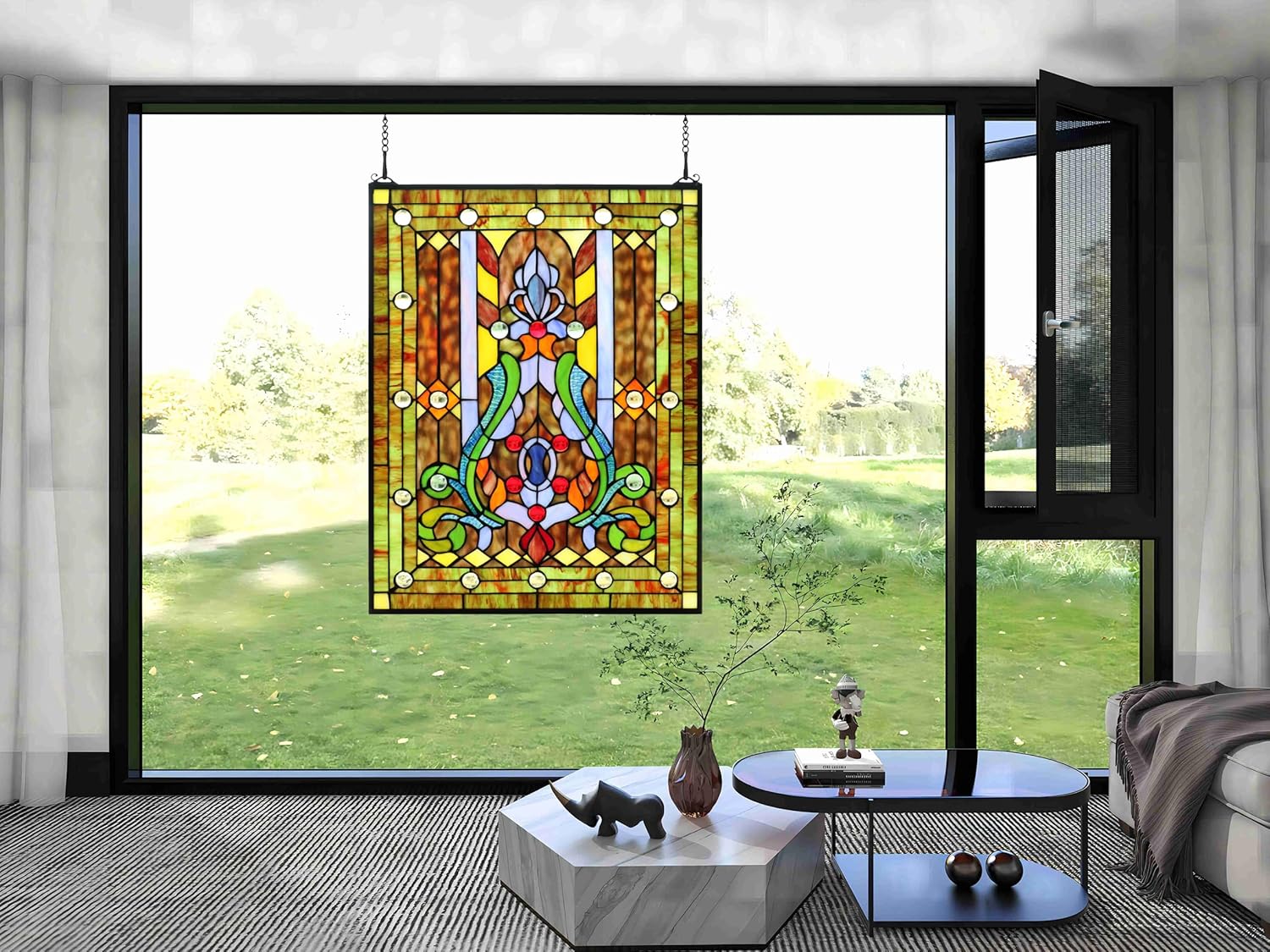 YonLouky Large Stained Glass Window Hanging 18.9"×24.8", 100% Real Flower Stained Glass Panel for Home Decor（YLK013）