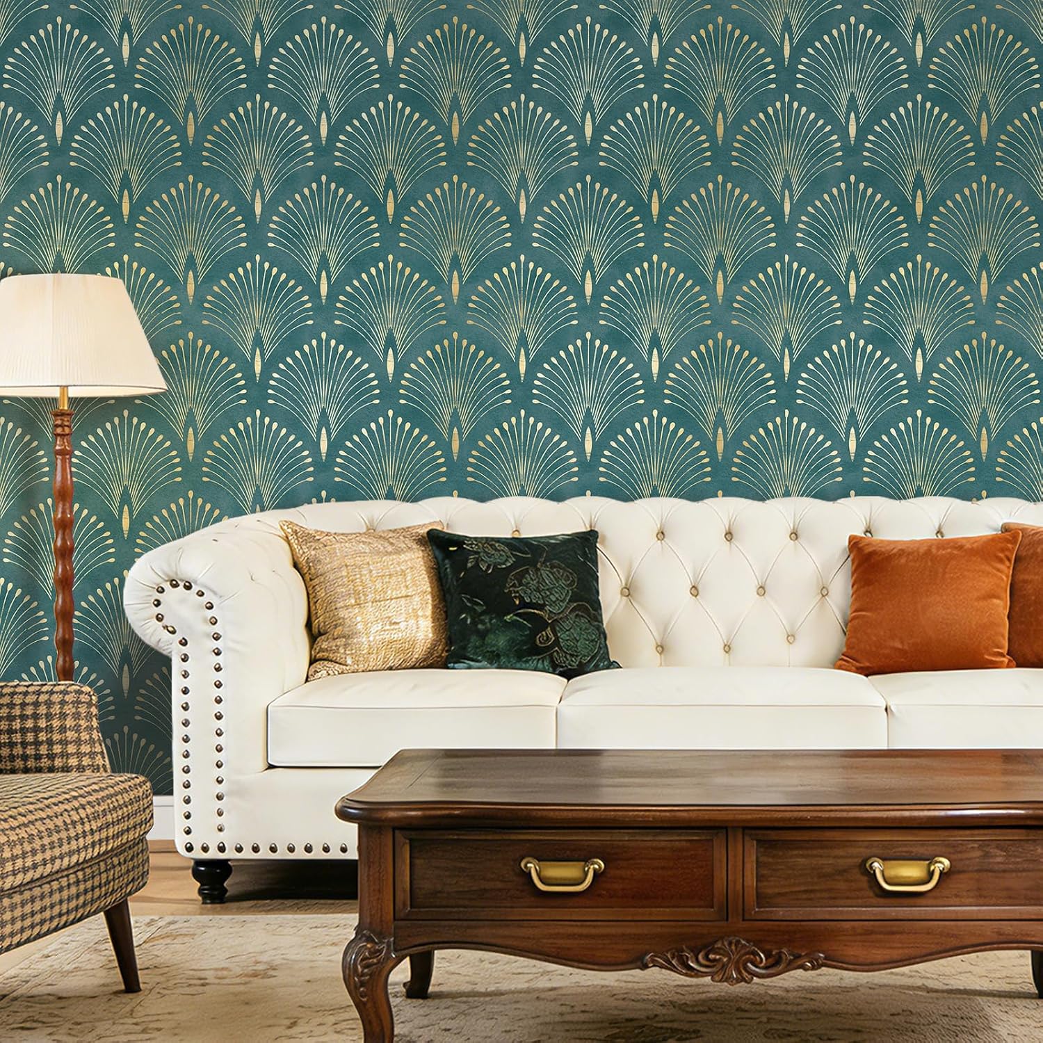 ICOOP Geometric Peel and Stick Wallpaper Green Gold Art Deco Wallpaper Vintage Green Contact Paper for Cabinets Luxury Wall Paper Peel and Stick Modern Fan Pattern Self Adhesive Wall Mural 17.5"x80"