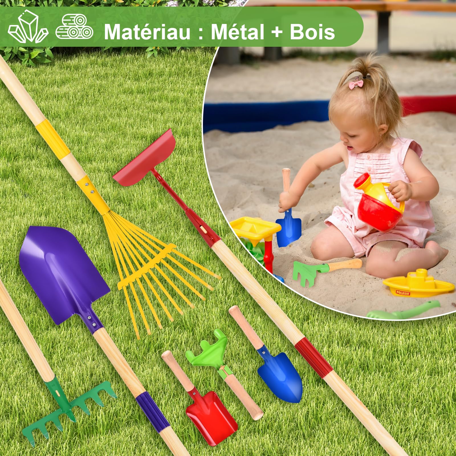 Aragallant Brouette Enfants, 14PCS Ensemble de Jardinage avec Outils de Jardin, Bêche, Râteau, Gants et Accessoires, brouette Jardin Kit de Jeu Éducatif pour Enfants 3 Ans