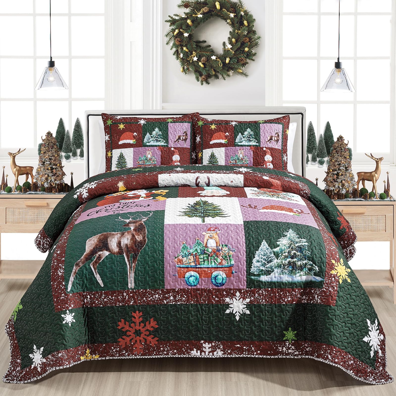 Mocaletto Set Copriletto Matrimoniale 3 Pezzi – Trapunta Reversibile Con Renne E Fiocchi Di Neve – Morbida Microfibra - 2