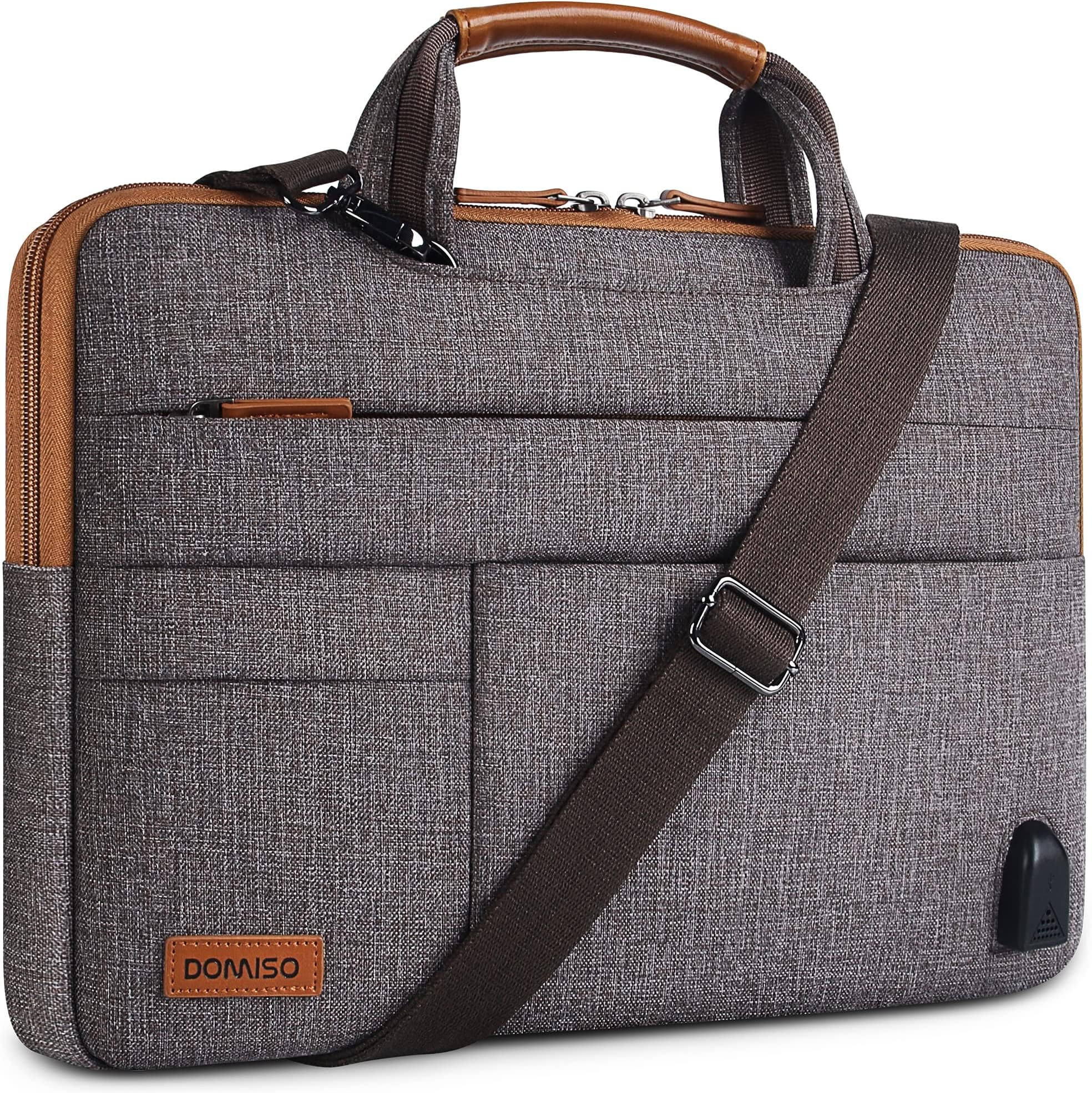 DOMISO 15.6 Inch Multi-Functional Laptop Sleeve Business Briefcase Messenger Bag with USB Charging Port Compatible for 15.6" Laptop/Apple/IdeaPad/Acer Aspire/HP Envy 15 / Dell XPS 15, Brown