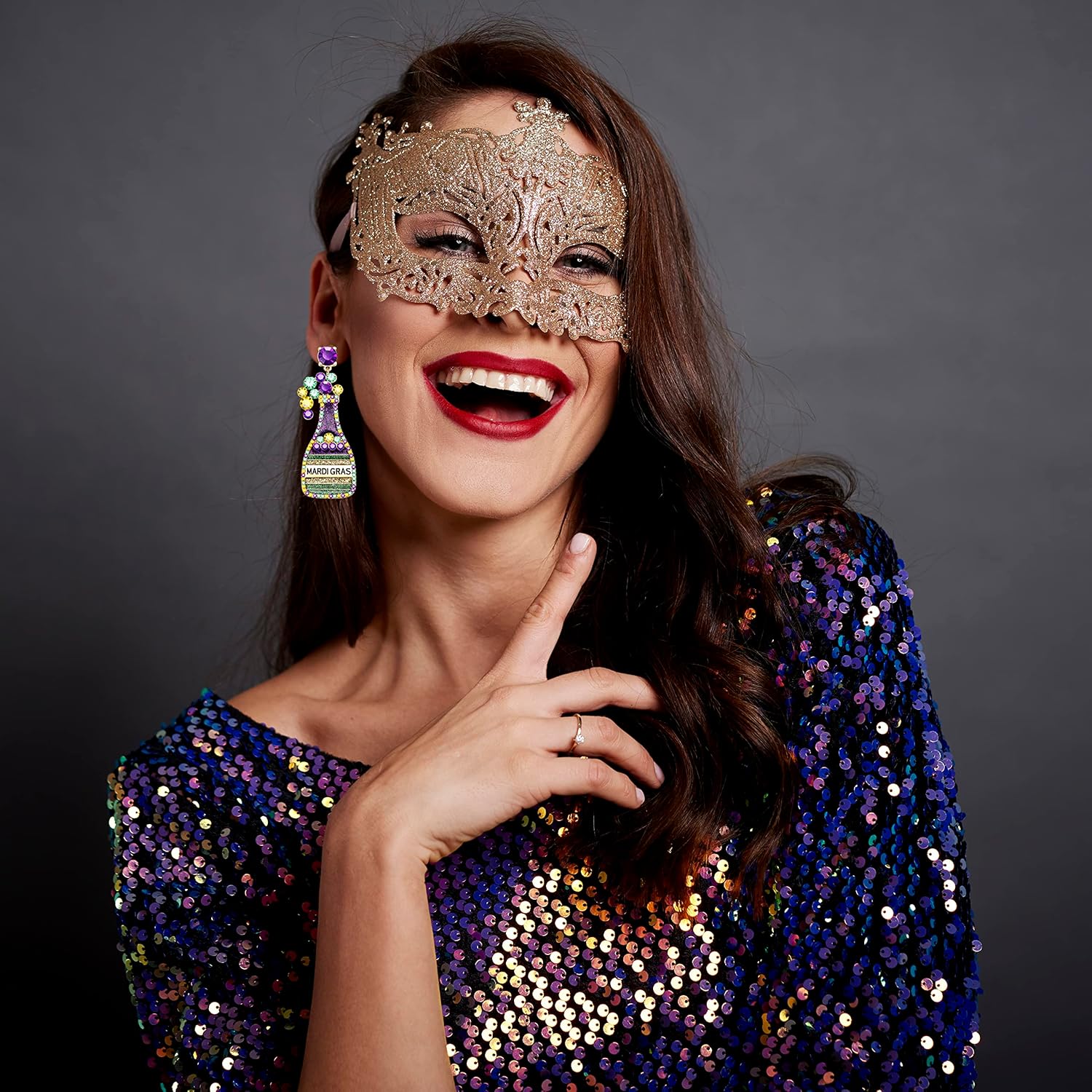 Mardi Gras Earrings for Women Glitter Mask Carnival Drop Earrings Wine Bottle Fleur De Lis Dangle Earrings Carnival Holiday Jewelry Gifts - Image 5