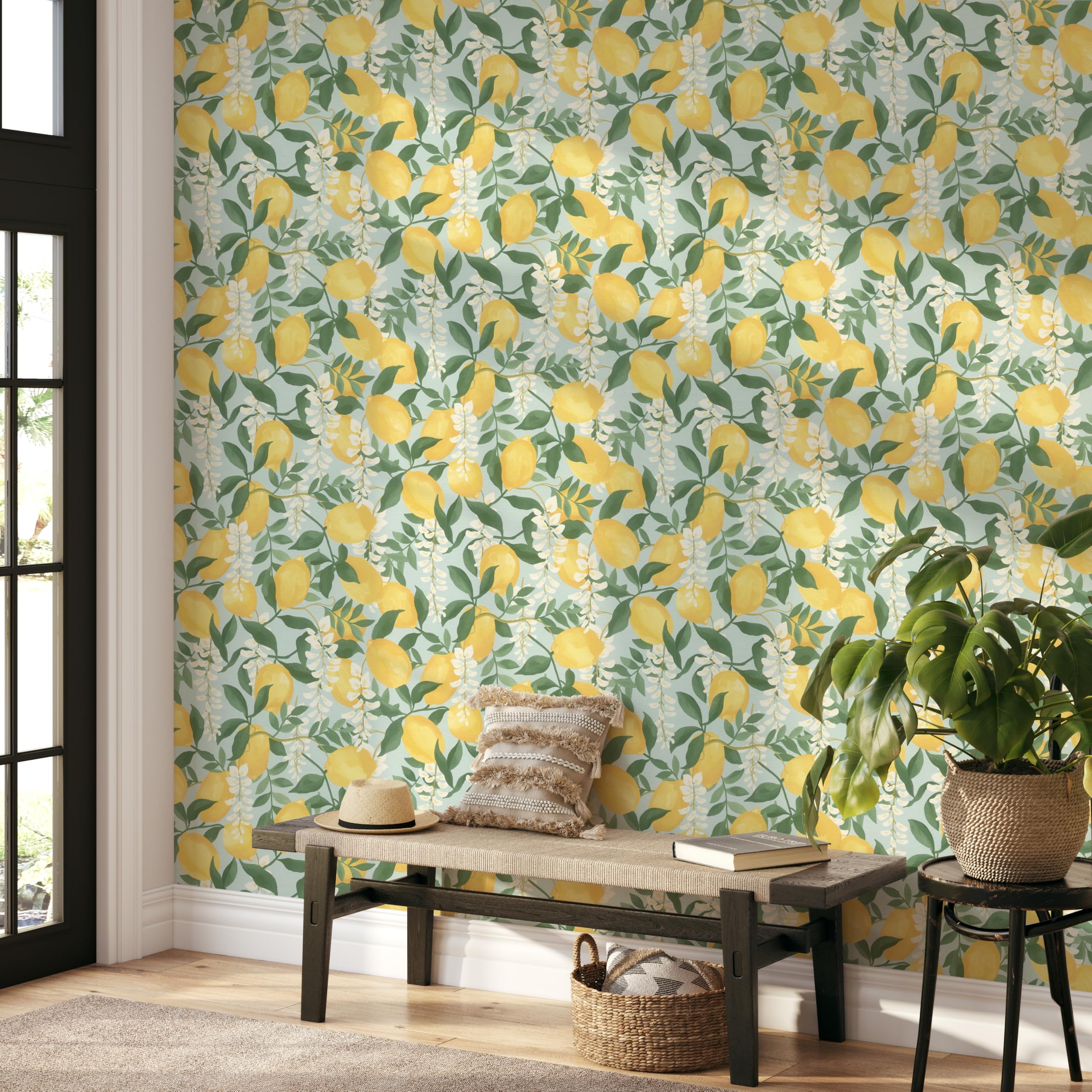 Rasch Papel pintado autoadhesivo de limón Portofino, papel pintado texturizado mediterráneo en amarillo, verde y blanco, fácil de colocar sin pegamento con tecnología adhesiva Tesa, 6,00 m x 0,53 m