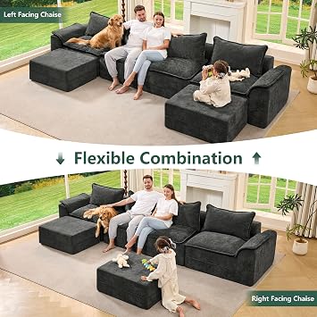 Hobestluk 152 Cloud Modular Sectional Couch 4-Seater Sofa with Ottomans U Shaped Couch Deep Seat Sofa with Removable Cover for Living Room (Dark Grey, 4-Seater Sofa with Two Ottomans)