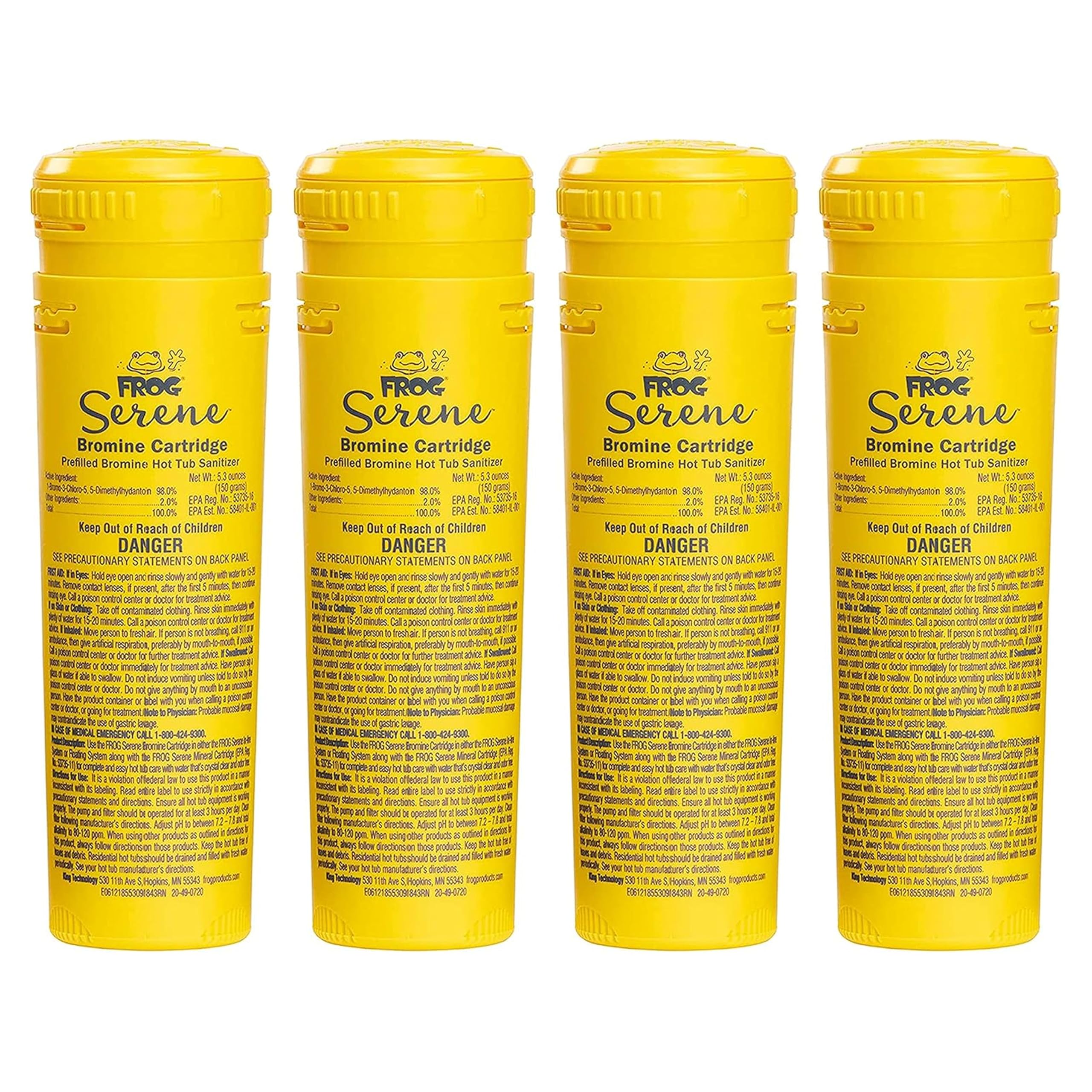 FROG Serene Brome Lot de 4 cartouches de rechange pour jacuzzi pour une utilisation uniquement avec les systèmes de désinfection FROG Serene In-Line et flottants + bandelettes de test FROG pour spas