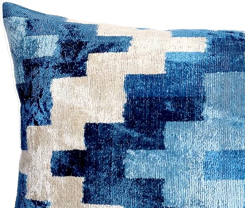 Miniatura 3 de Almohada decorativa hecha a mano con funda de cojín rellena de plumón, color azul, funda de cojín lumbar de seda de terciopelo suave para sala de