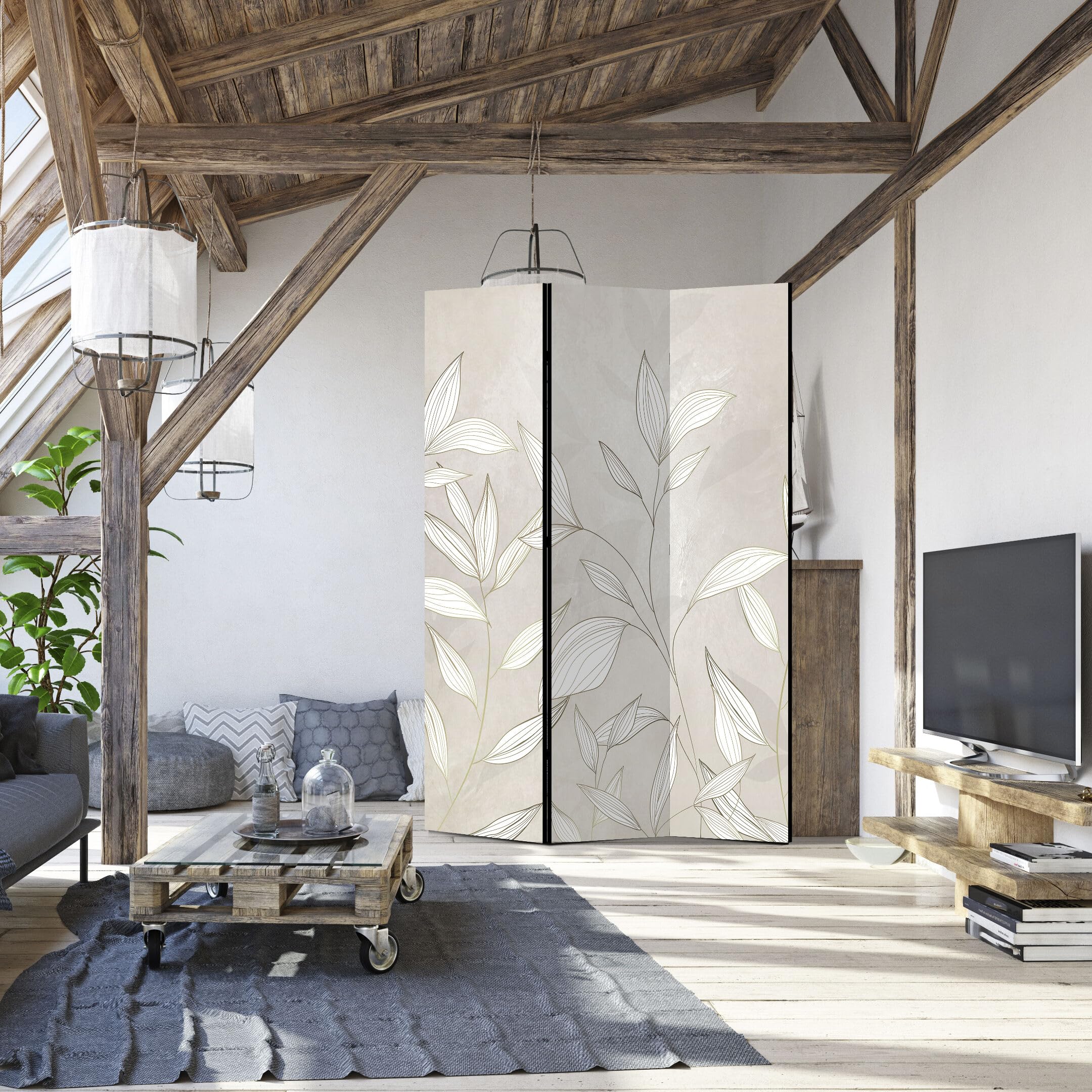 Paravent Raumteiler Innen einseitig Bedruckt 135x172 cm Blätter 18 | 3 teilig Dekorativ, Shoji-Stil, faltbar, freistehend, als Sichtschutz für Wohnräume