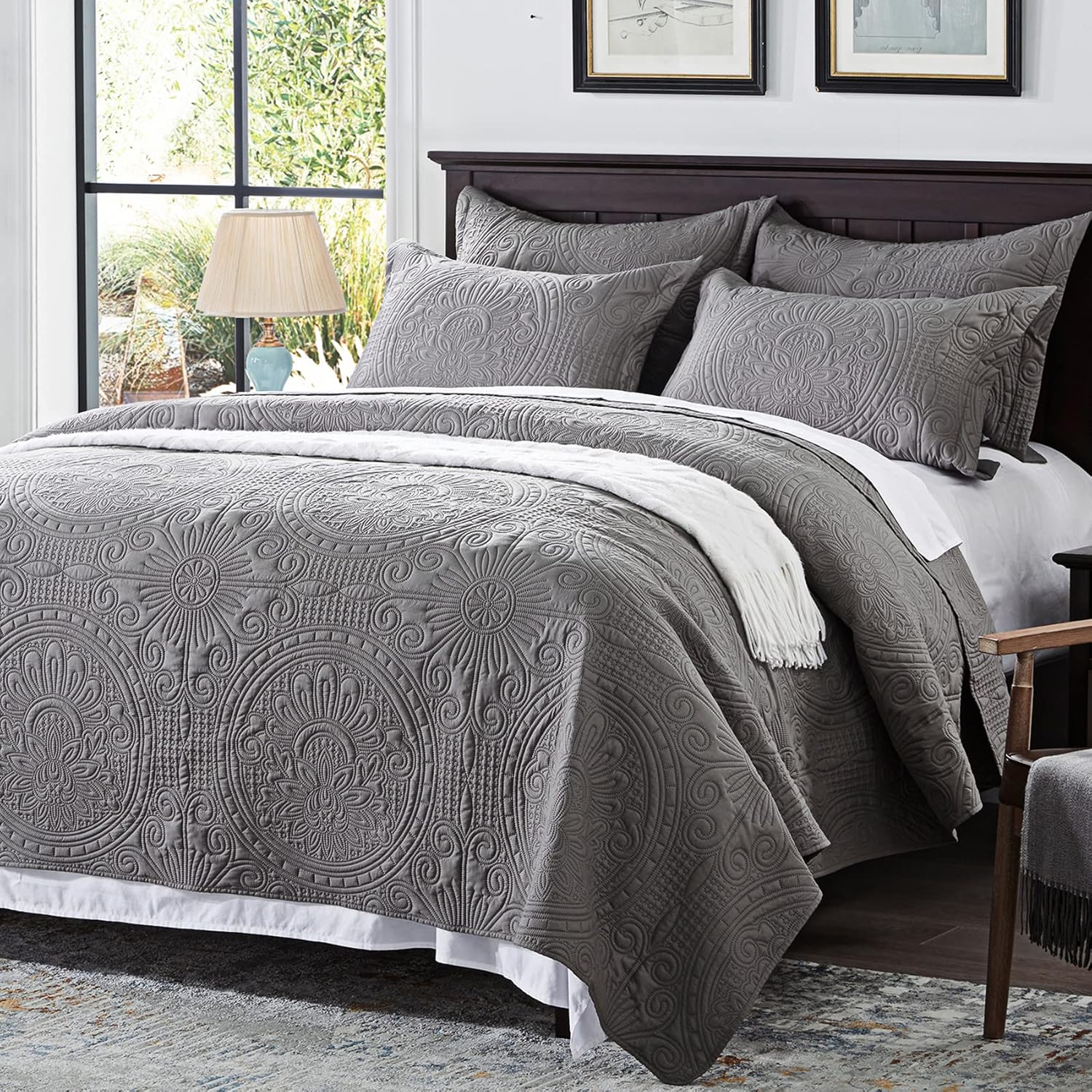 Anluoer Quilt Queen Size Bedding Set-Grey Embossed, Bedspreads-Lightweight Summer Soft Microfiber Bedspread, Bed Coverlet for All Seasons (1 Quilt, 2 Pillow Shams) - Image 2