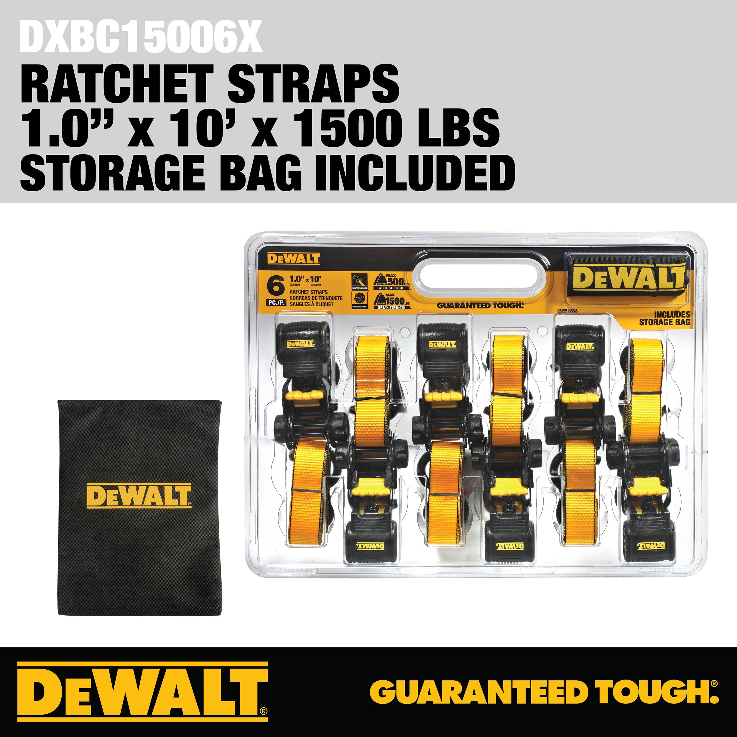 DEWALT DXBC15006X - Cinghia di fissaggio a cricchetto, 2,5 cm x 2,5 m, carico di lavoro sicuro 226,8 kg, resistenza alla rottura 0,7 kg, confezione da 6