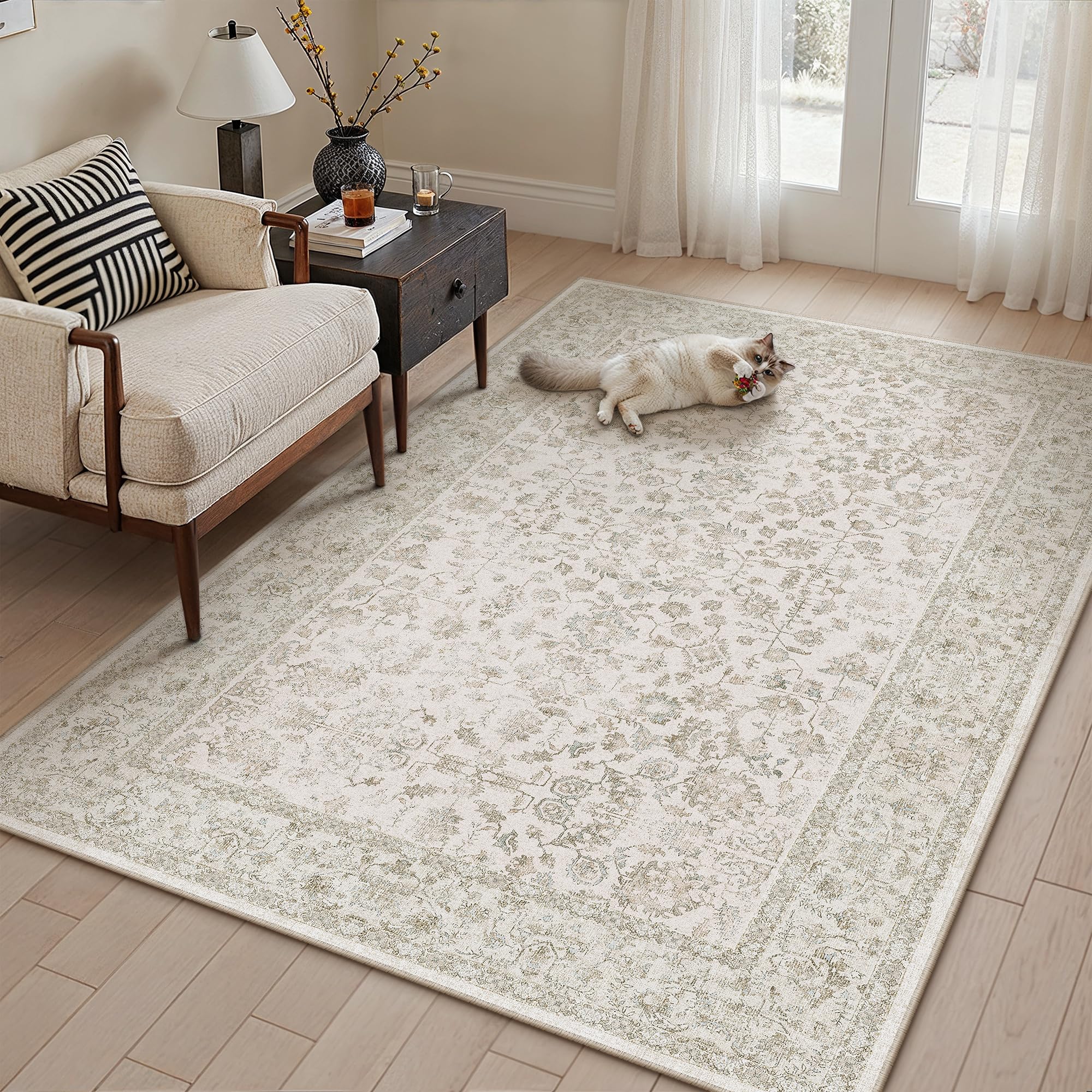 PureCozy 3x5 Beige White Area Rug Washable Non Slip Carpet Living Room