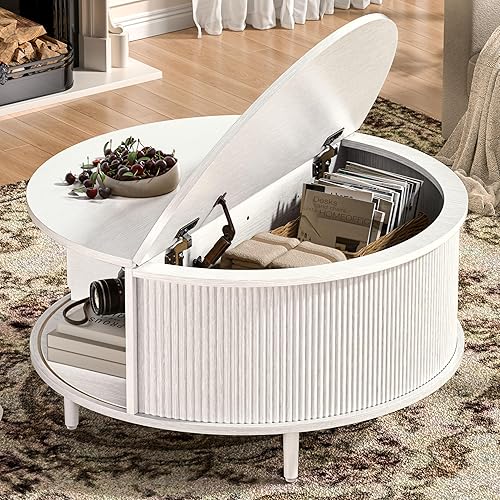 Round Coffee Table, 31.5" Fluted Center Table with Storage, Lift-Top Coffee Table with Adjustable Footpads, Sliding Door, Mid-Century Modern Center