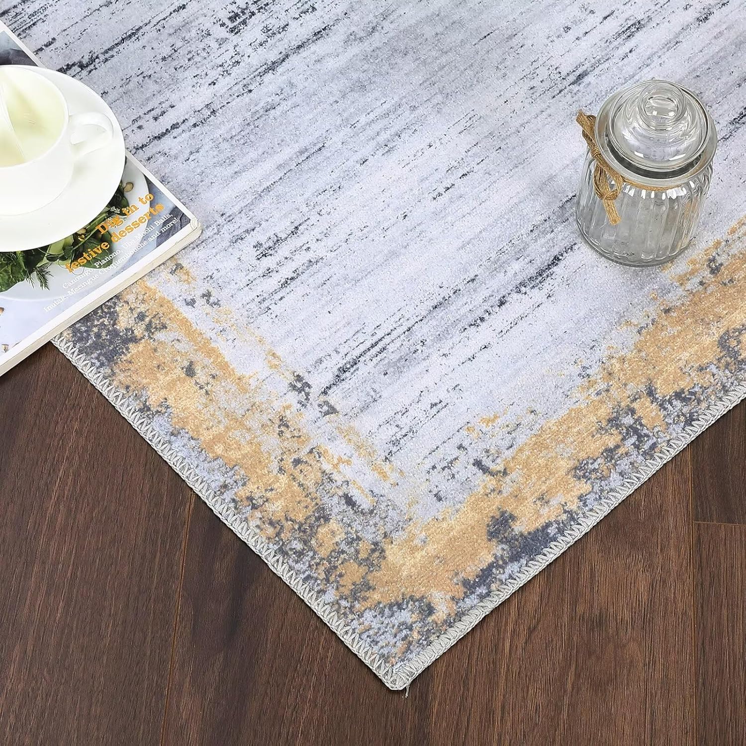 WESTLOOM Bordered Modern 8x10 Rug Machine Washable Area Rug Non-Slip Low Pile Indoor Carpet Non-Shedding Living Room Rug Contemporary Distressed Throw Carpet Large Accent Rug Foldable Thin Rug Yellow