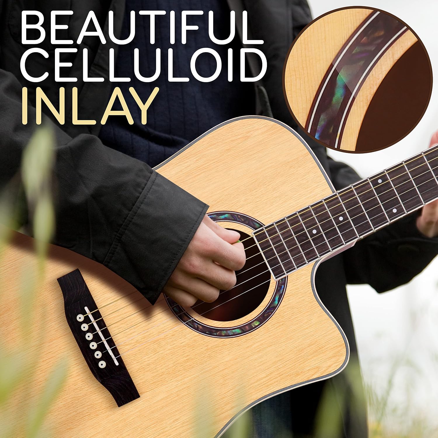 Pyle Full Size Acoustic Guitar Kit, Steel String, Dreadnought Cutaway, with Capo, Upgraded Gig Bag, Digital Tuner, 41” Natural Matte