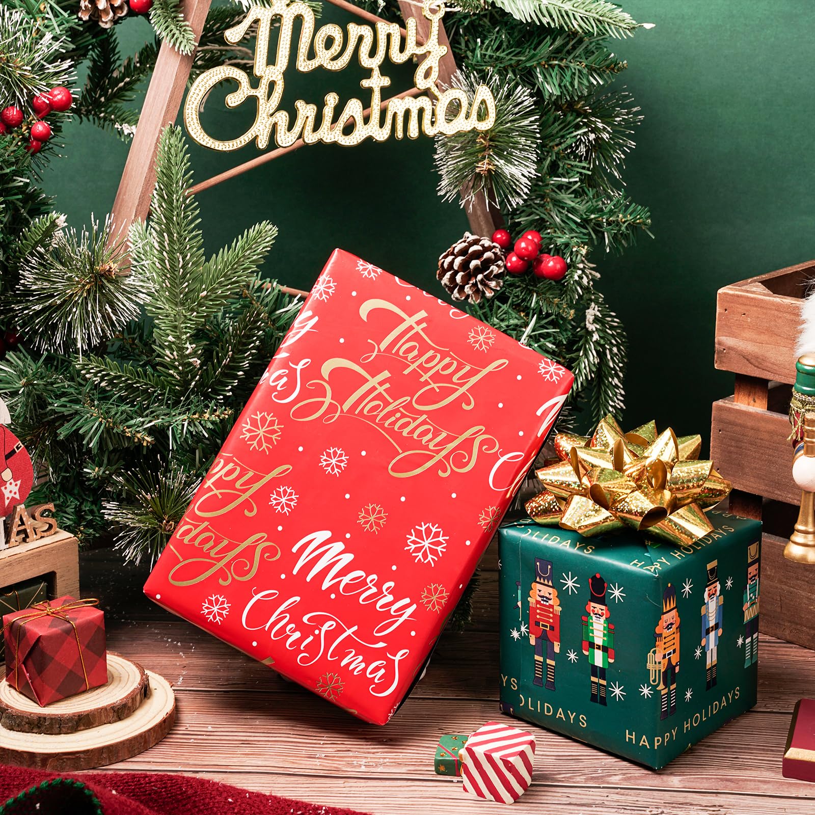 Papier Cadeau Noël Réversible - Motif Père Noël Vintage / Cannes à Sucre Rayées - 43,2 Cm X 10 M, Qualité Durable