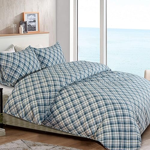 Miniatura 2 de NTBAY Juego de funda de edredón de algodón lavado, 3 piezas, transpirable, a cuadros, tamaño Queen, azul a cuadros