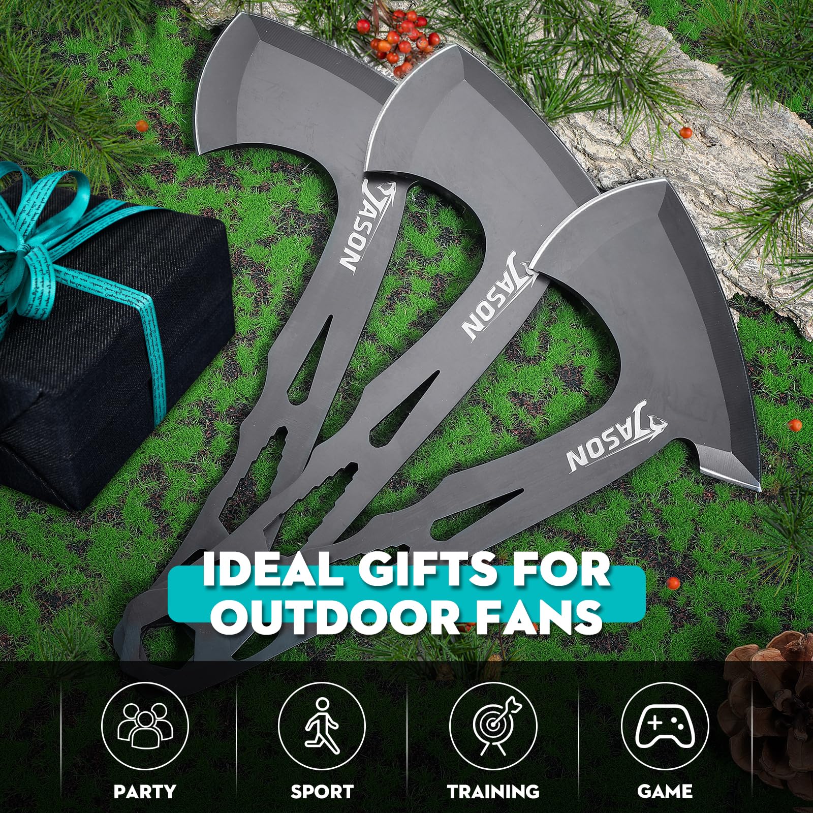 JASON Set di 3 ascia da campeggio Full Tang Survival Bushcraft con divorzio in nylon, piccoli regali per uomini