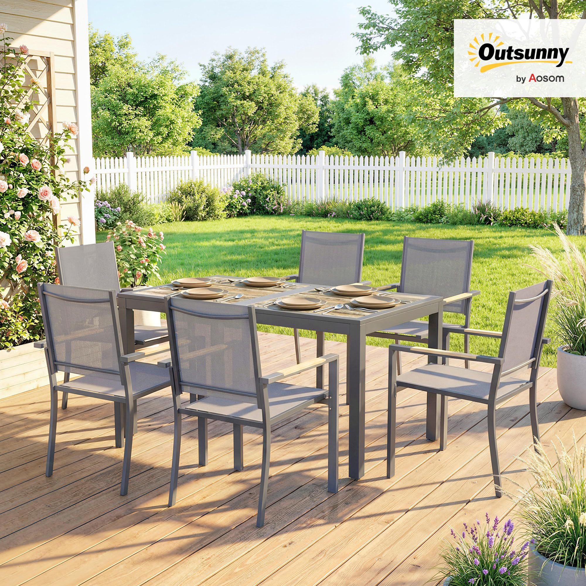 Outsunny Salon de Jardin 7 Pièces - Table Effet Bois sans Entretien et 6 Chaises Empilables en Textilène - Ensemble Mobilier de Jardin Résistant pour Repas en Terrasse, Gris Anthracite