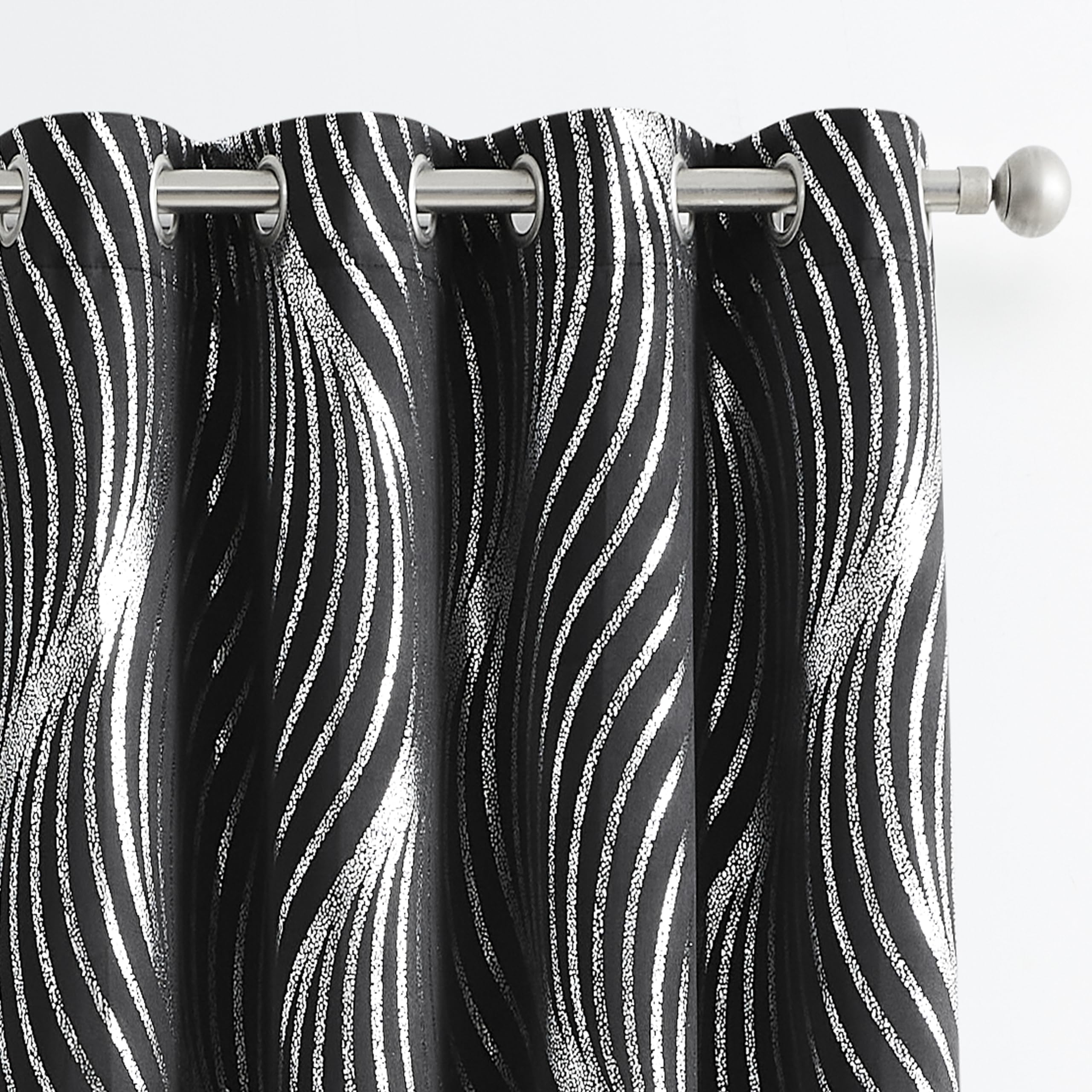 Xwincel 100% Blackout Curtains Black and Silver Foil Pattern Curtains 63 Inches Long for Bedroom Metallic Silver Wave Print Drapes for Living Room